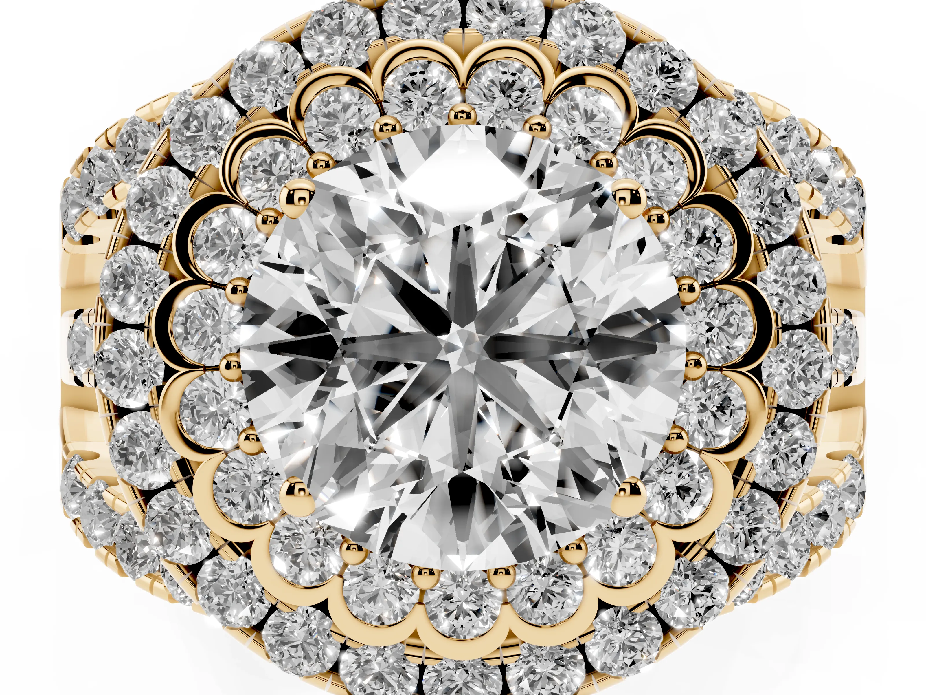 Round Cut Diamond Double Halo Ring Set in Yellow gold with Round Pavé Split Shank