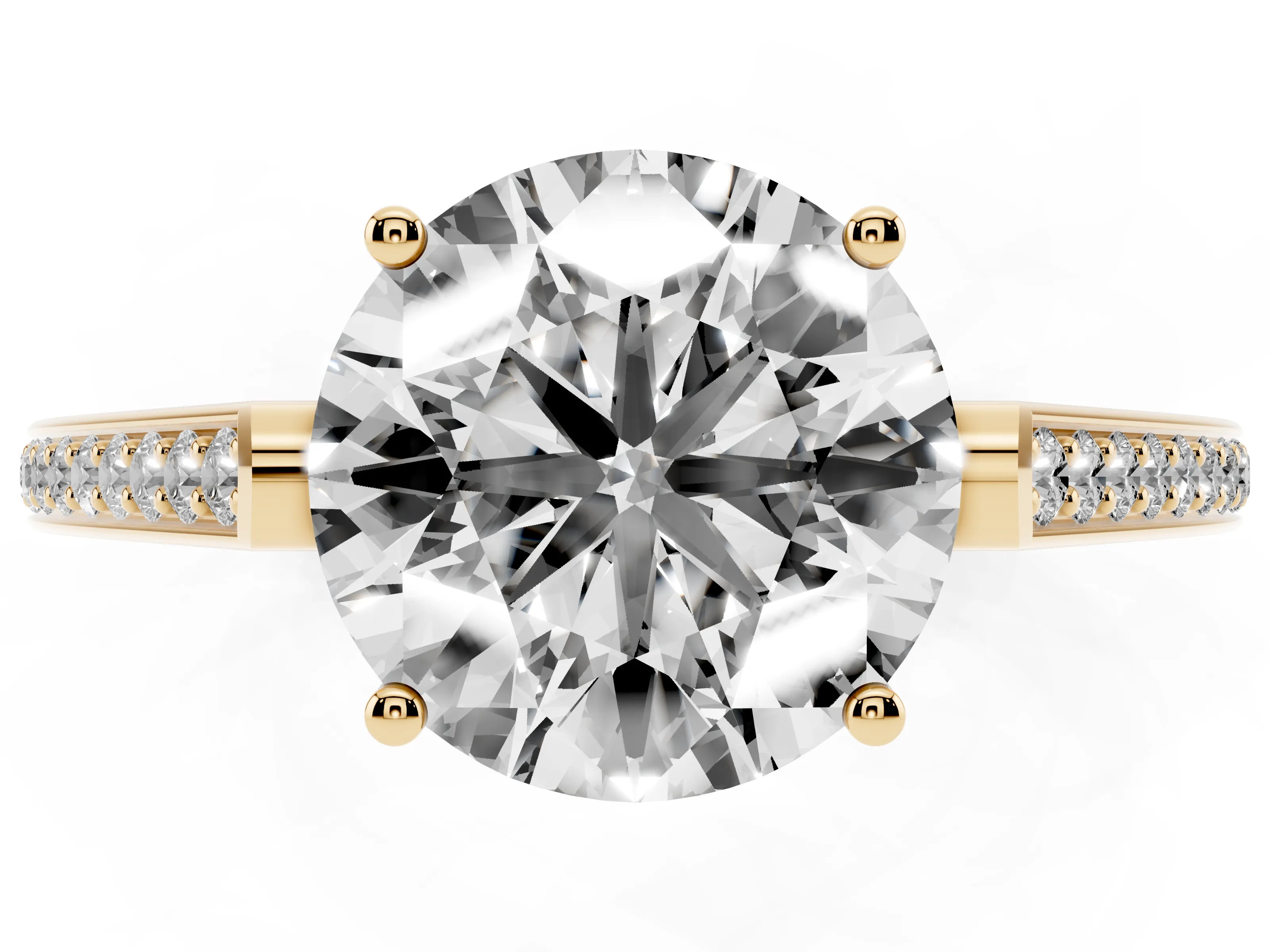 Round Cut Diamond Cathedral Pavé Engagement Ring Set in Yellow gold with Prong Setting