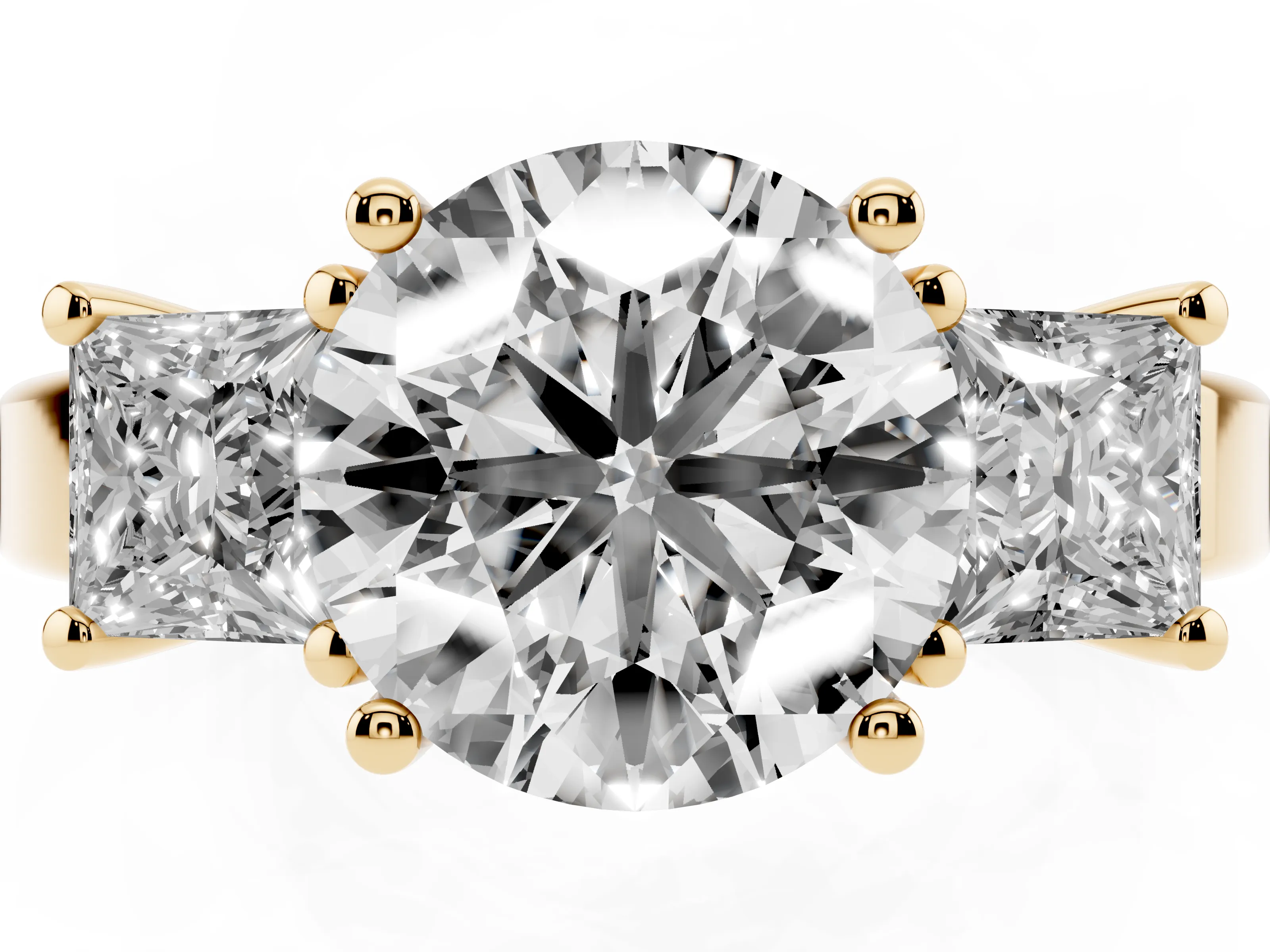 Three-Stone Round Cut Diamond Solitaire Ring Set in Yellow gold with Prong Setting