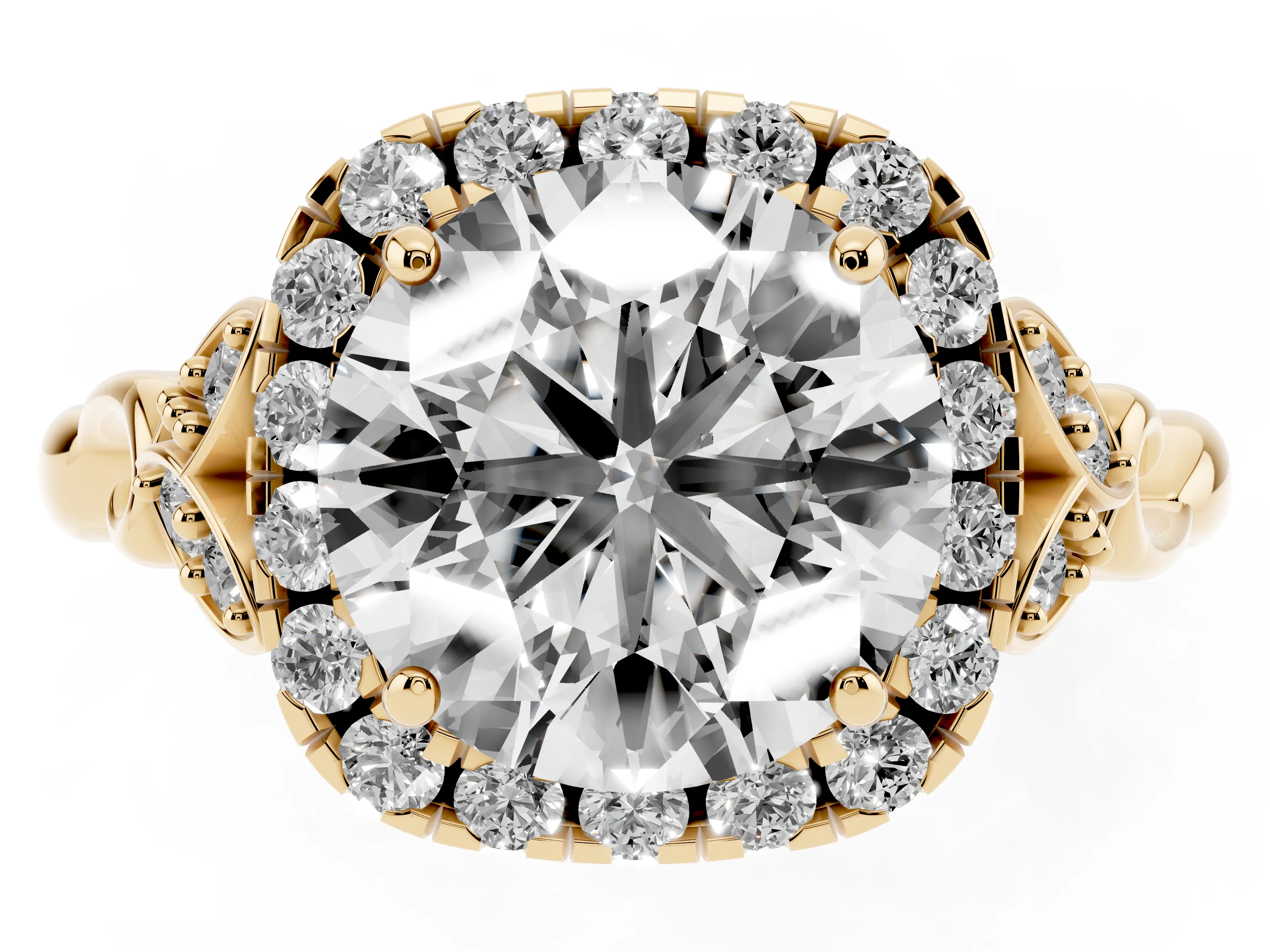 Round Cut Diamond Halo Engagement Ring Set in Yellow gold with Vintage-Inspired Band and Prong Setting