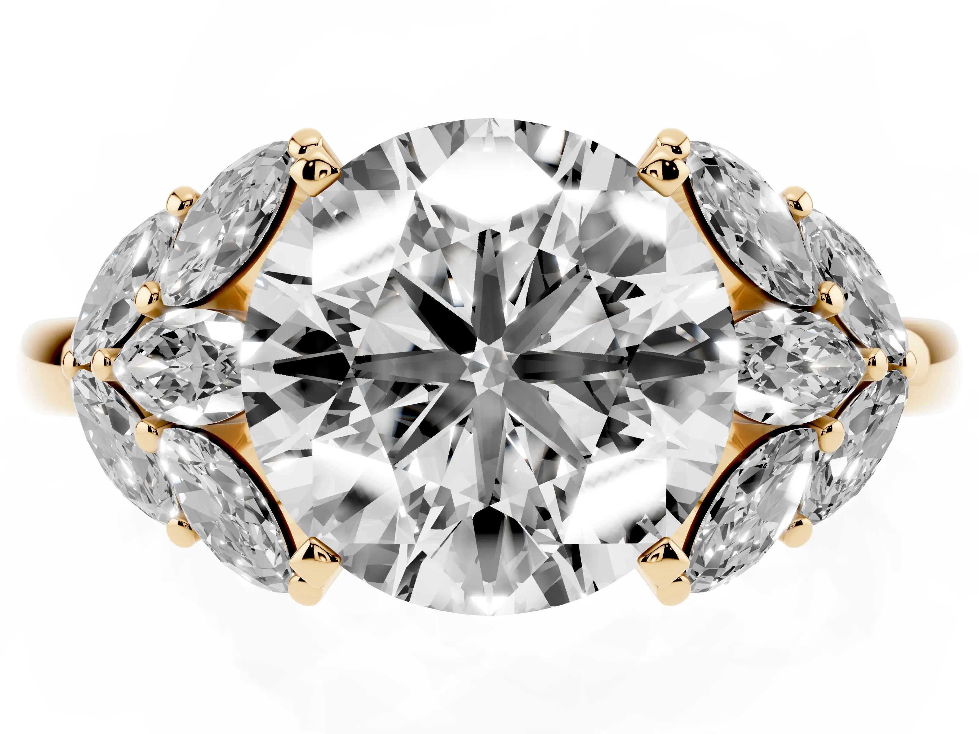Round Cut Diamond Cluster Leaf Design Ring Set in Yellow gold with Prong Setting