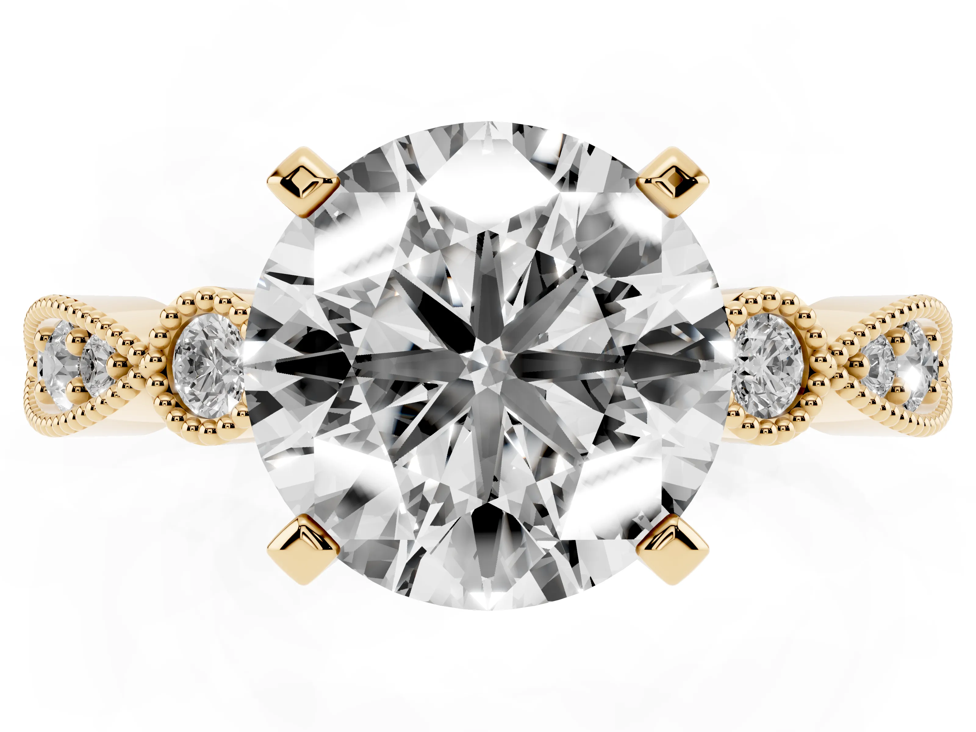 Round Cut Diamond Solitaire Engagement Ring Set in Yellow gold with Milgrain Bezel Accent Band
