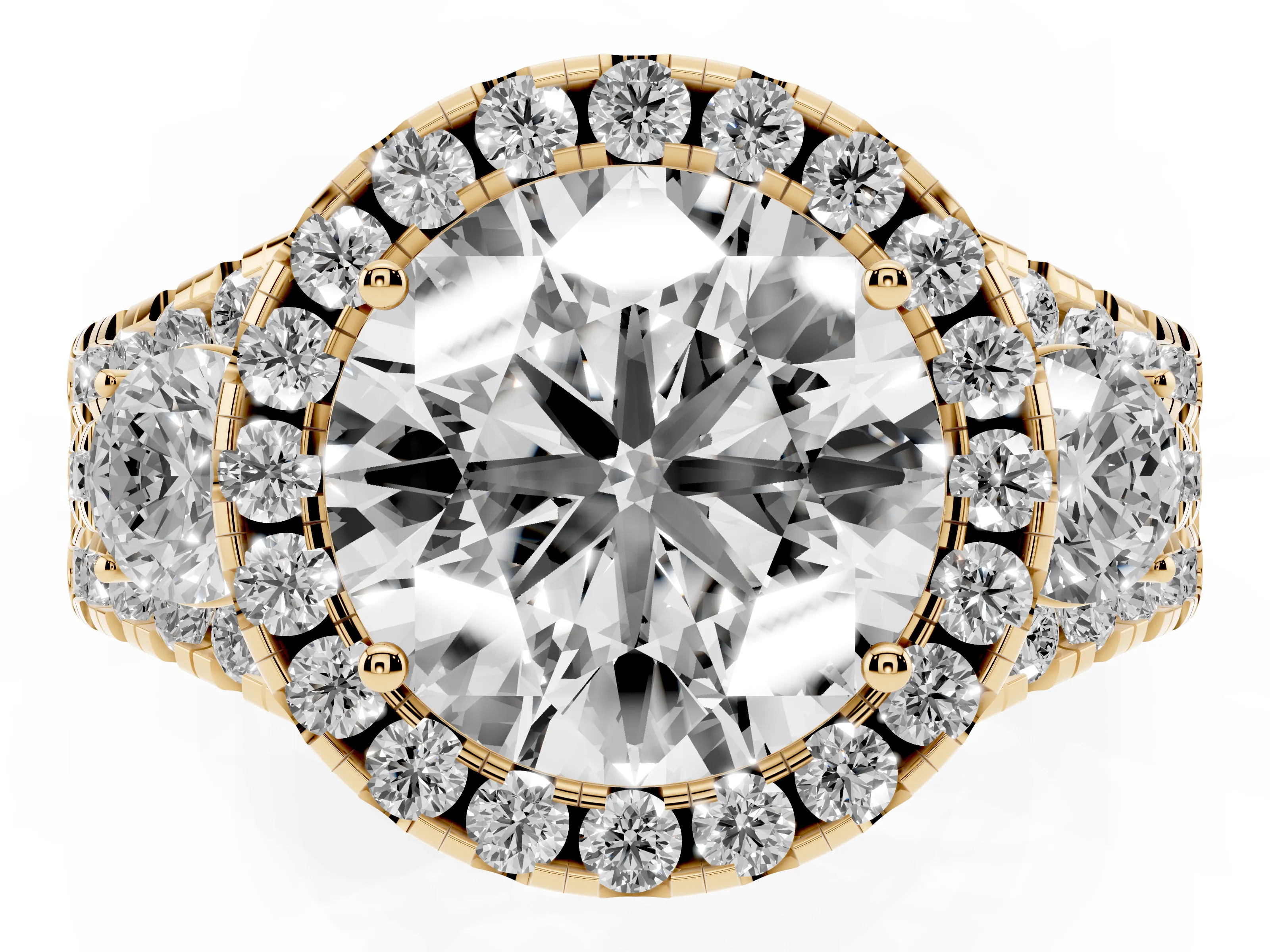Round Cut Diamond Halo Split Shank Ring Set in Yellow gold with Round Accent Stones and Prong Setting