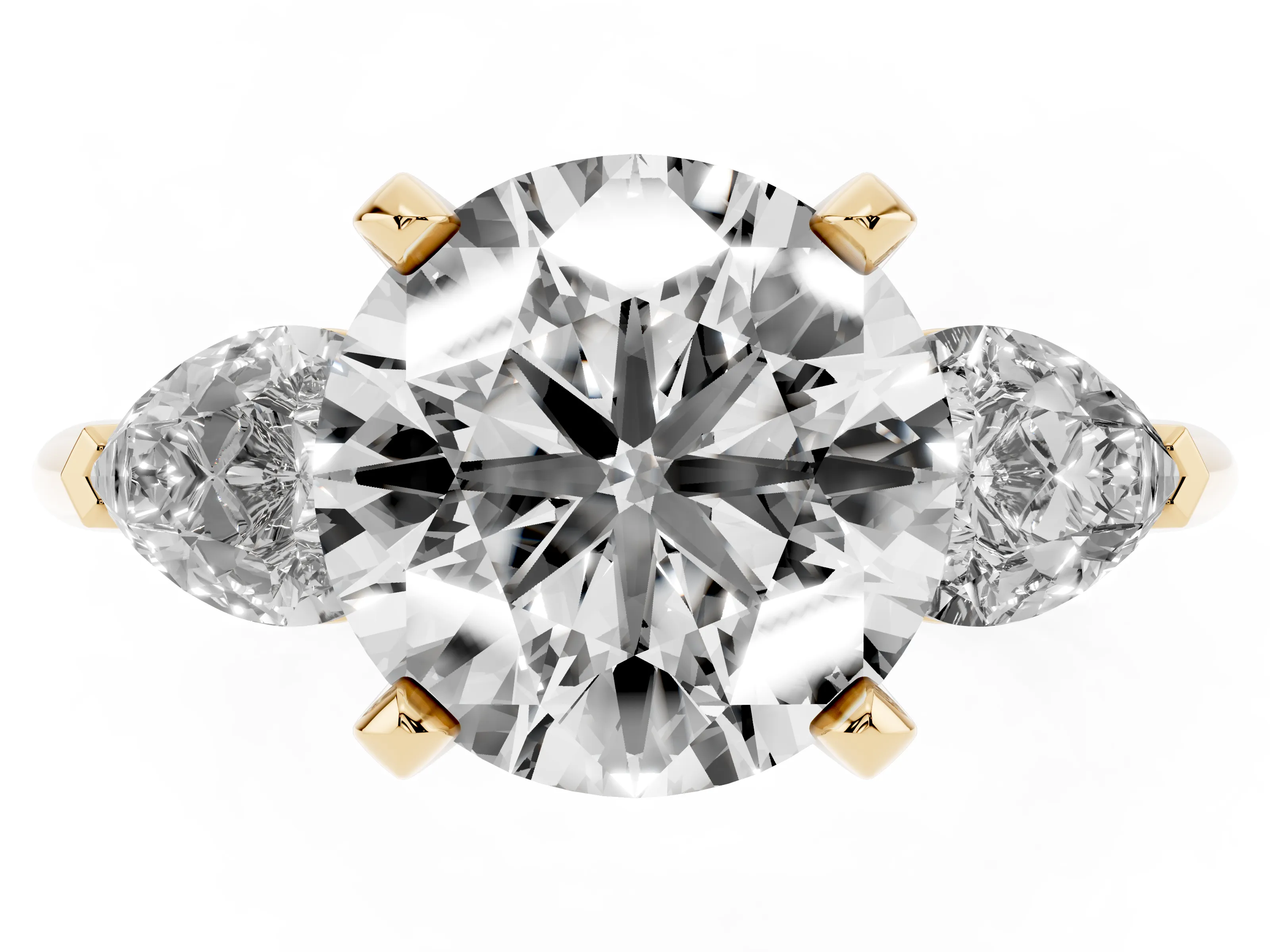 Three-Stone Round Cut Diamond Ring Set in Yellow gold with Pear Side Stones and Prong Setting