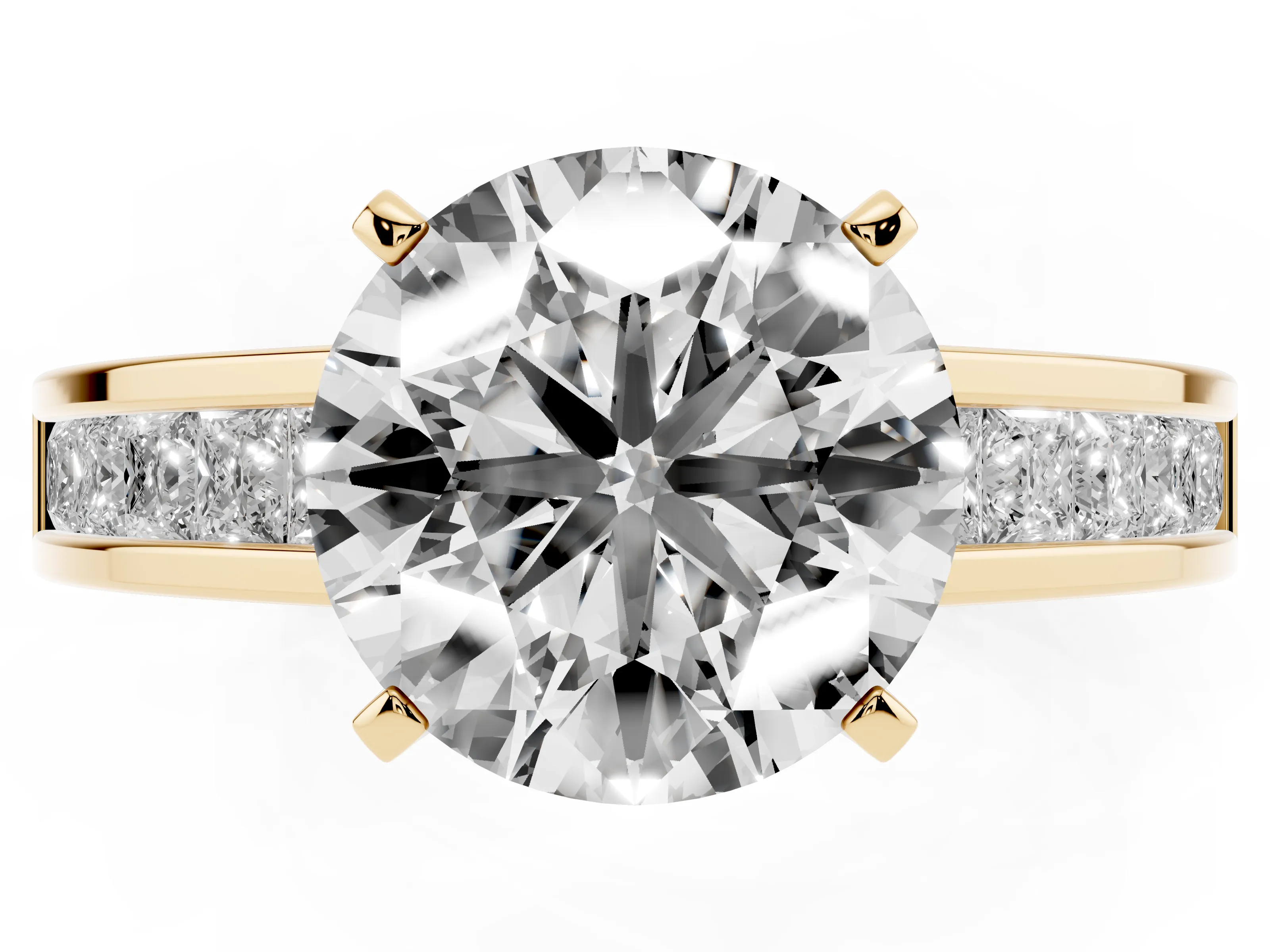 Round Cut Diamond Solitaire Ring Set in Yellow gold with Channel-Set Band and Prong Setting