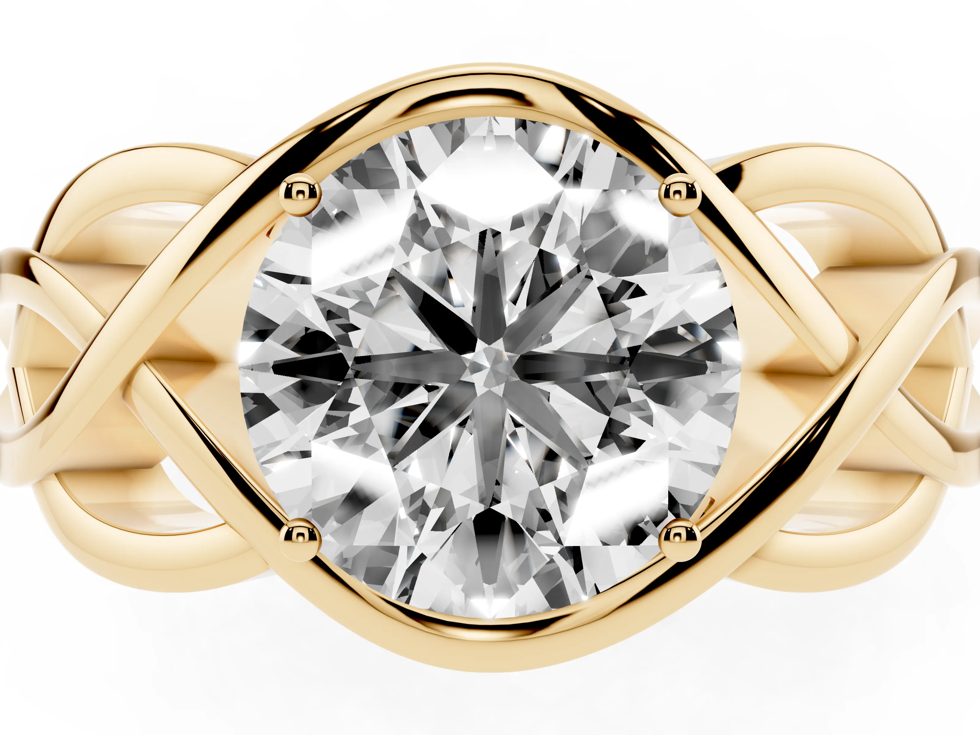 Round Cut Diamond Solitaire Ring Set in Yellow gold with Intertwined Band