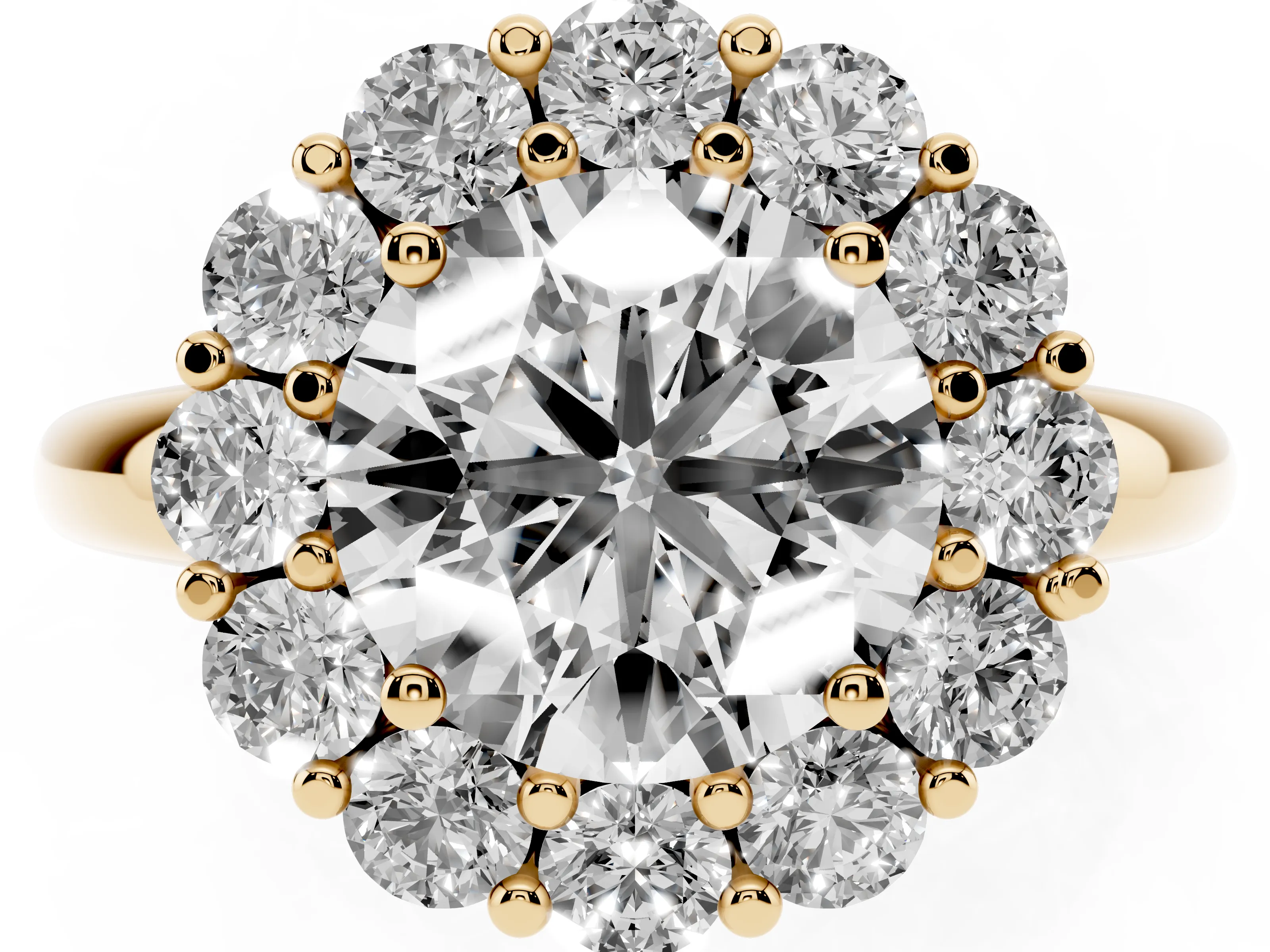 Round Cut Diamond Halo Cluster Engagement Ring Set in Yellow gold with Polished Band and Prong Setting