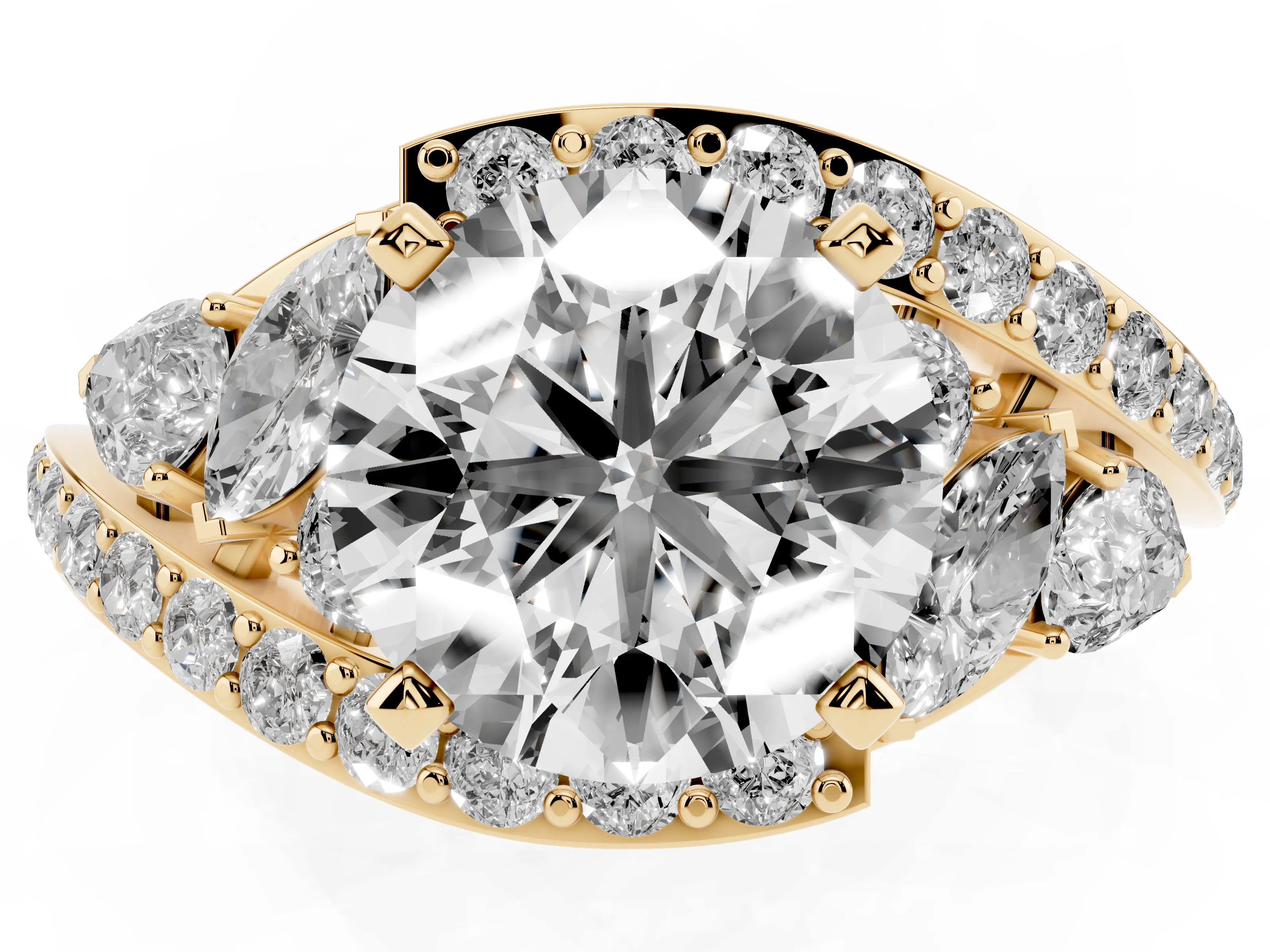 Round Cut Diamond Halo Ring Set in Yellow gold with Marquise and Pavé Band in Prong Setting