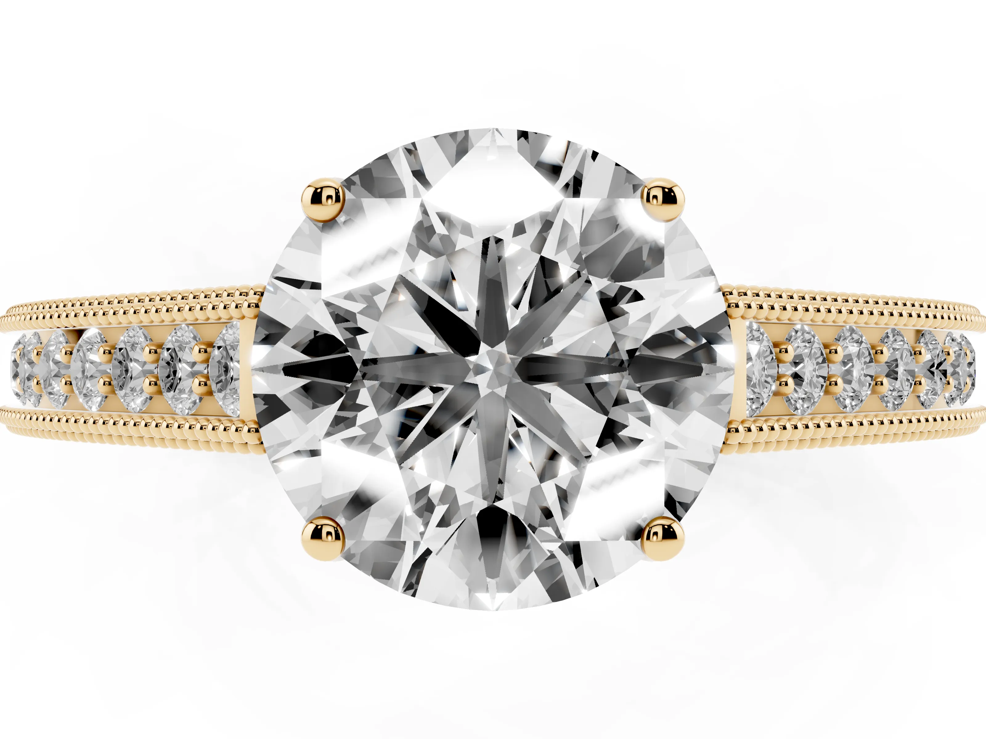 Round Cut Diamond Milgrain Pavé Band Solitaire Ring Set in Yellow gold with Prong Setting