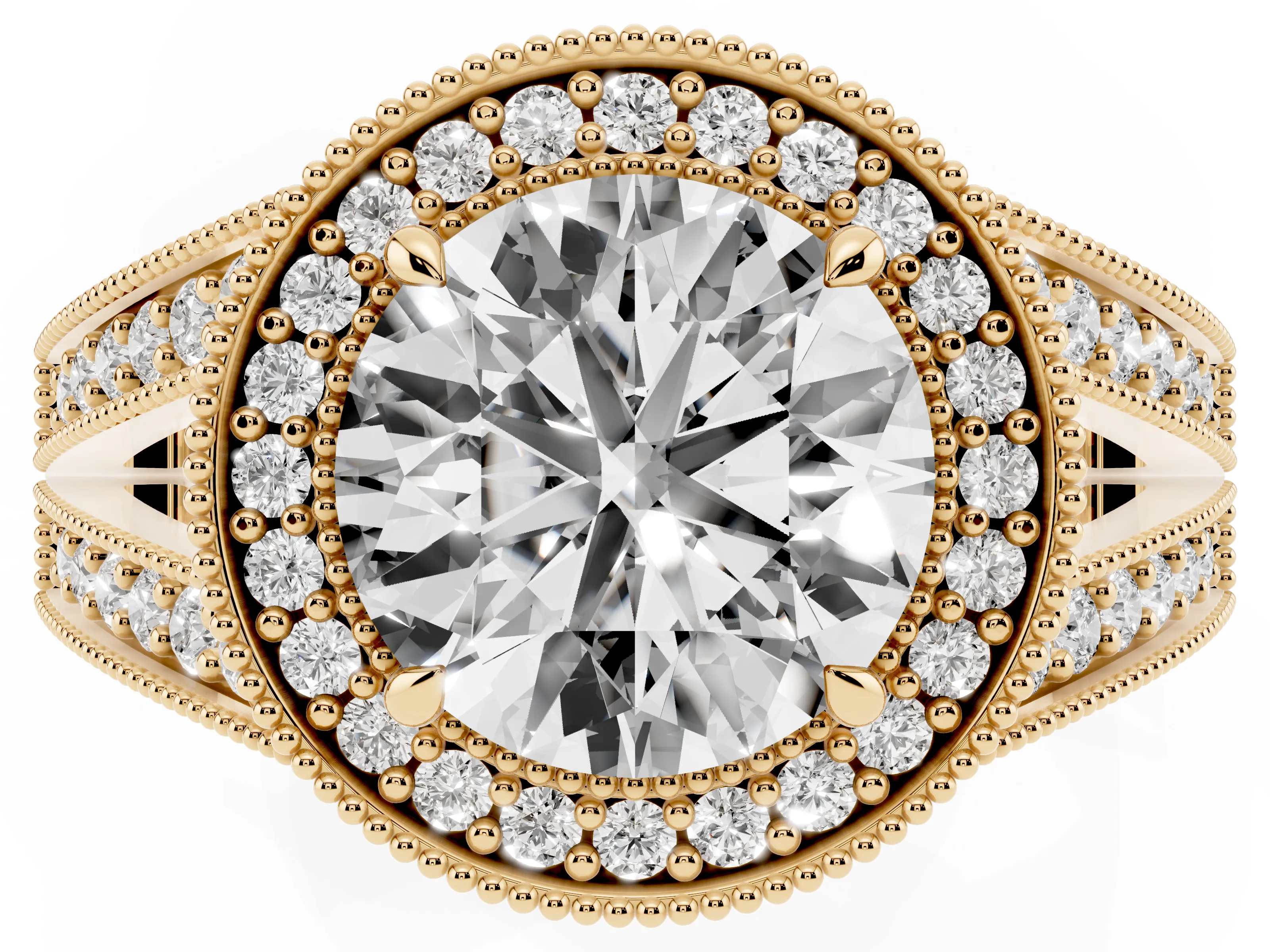 Round Cut Diamond Halo Ring Set in Yellow gold with Stone-Set Split Shank and Milgrain Edges