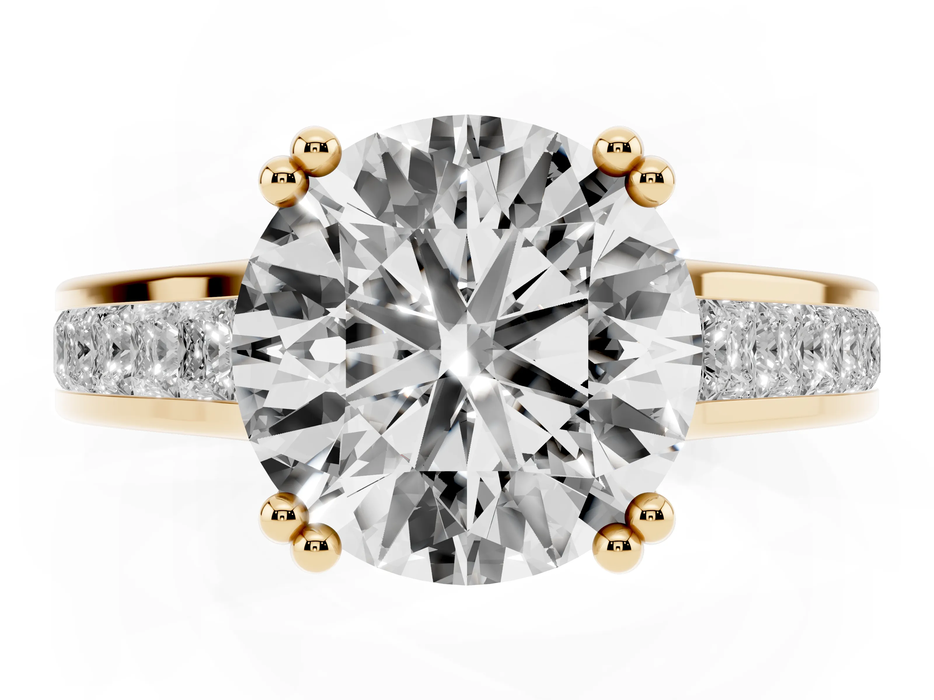 Round Cut Diamond Channel Set Solitaire Engagement Ring Set in Yellow gold with Prong Setting