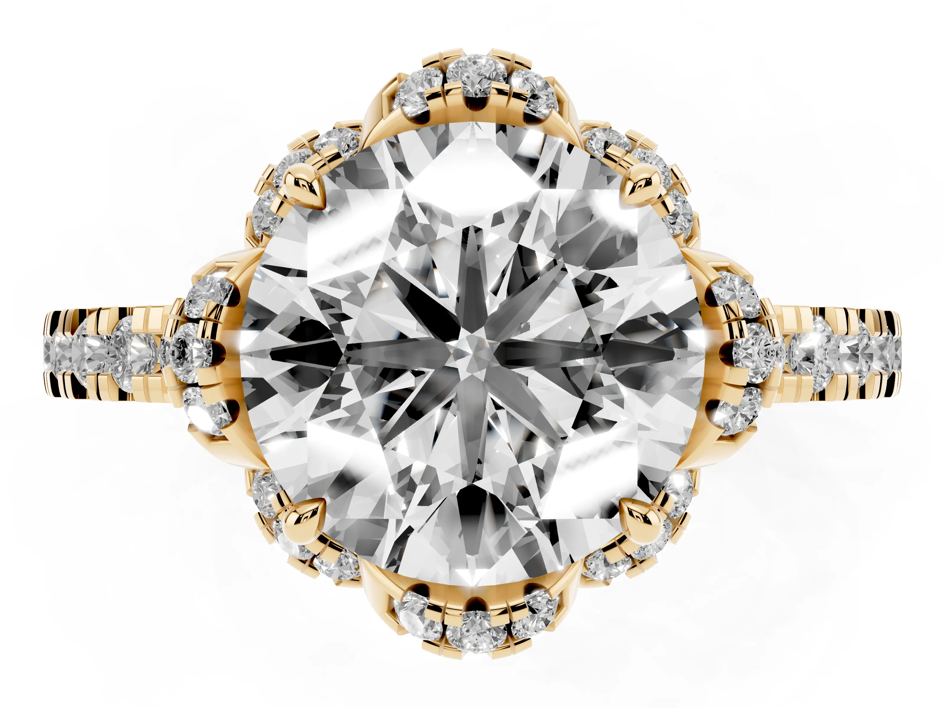 Round Cut Diamond Halo Pavé Band Ring Set in Yellow gold with Prong-Held Center