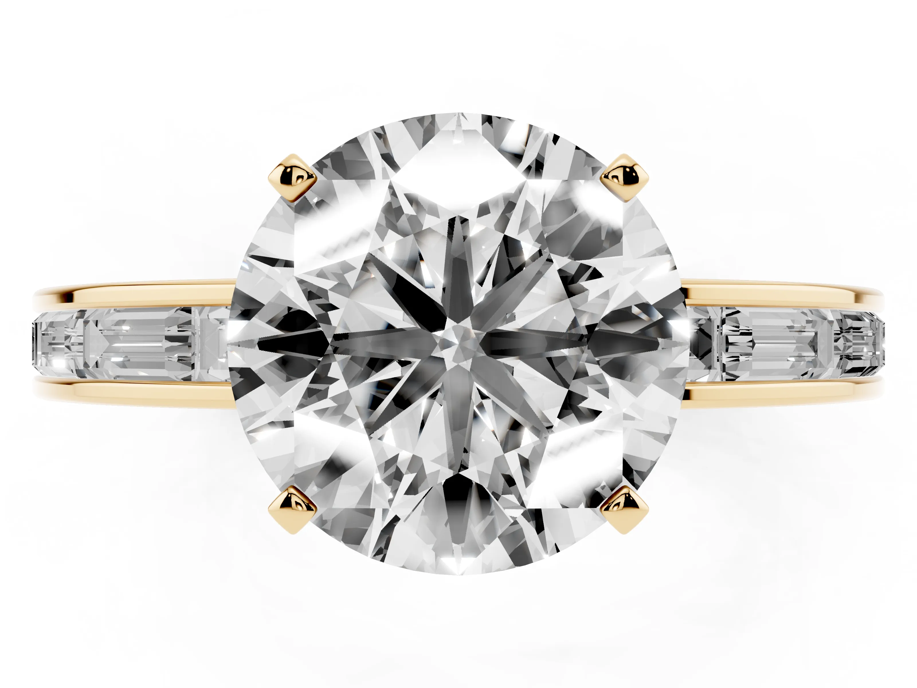 Round Cut Diamond Solitaire Ring Set in Yellow gold with Channel-Set Baguette Band and Prong Setting