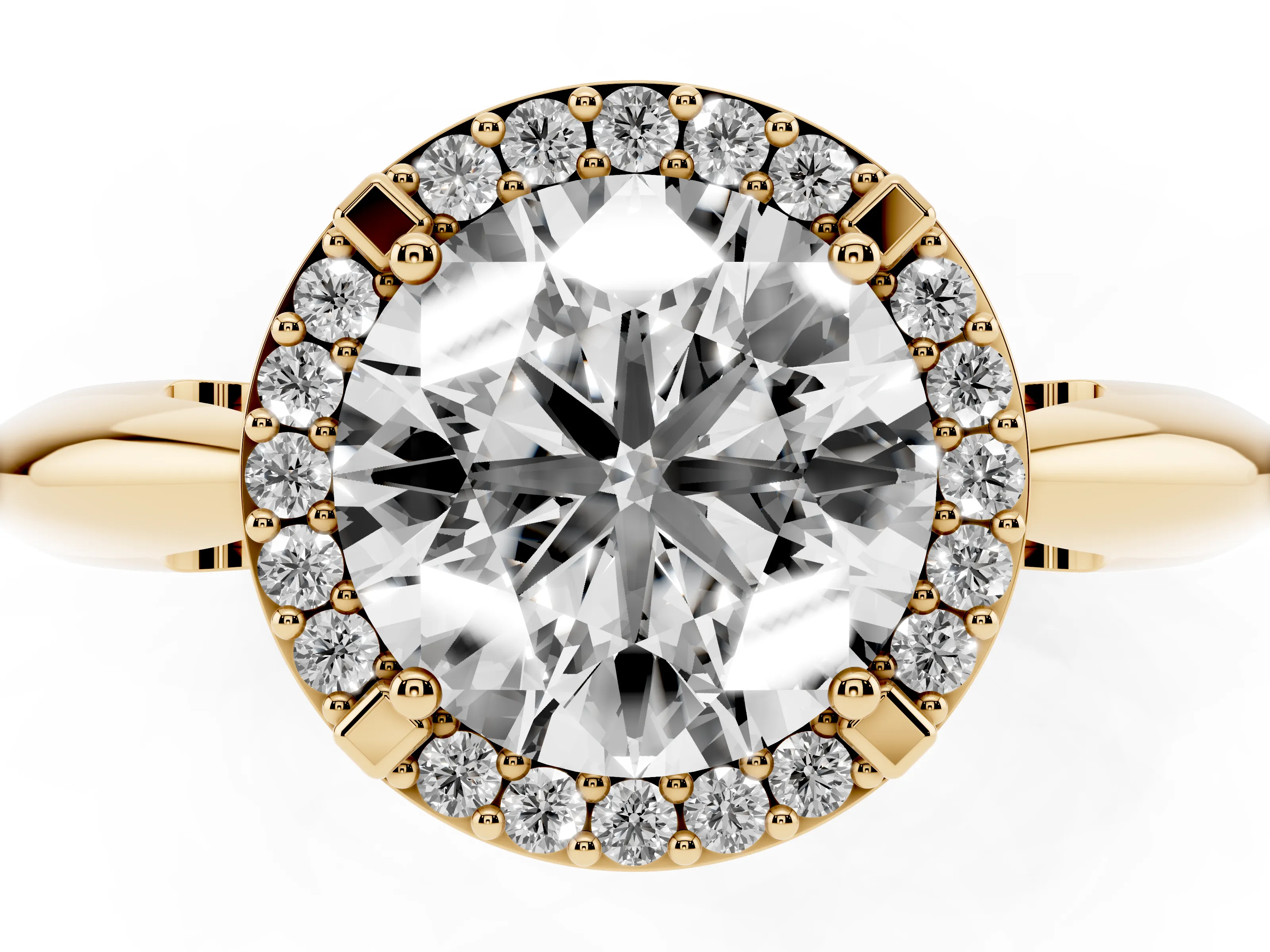 Round Cut Diamond Halo Engagement Ring Set in Yellow gold with Plain Split Shank and Prong Setting