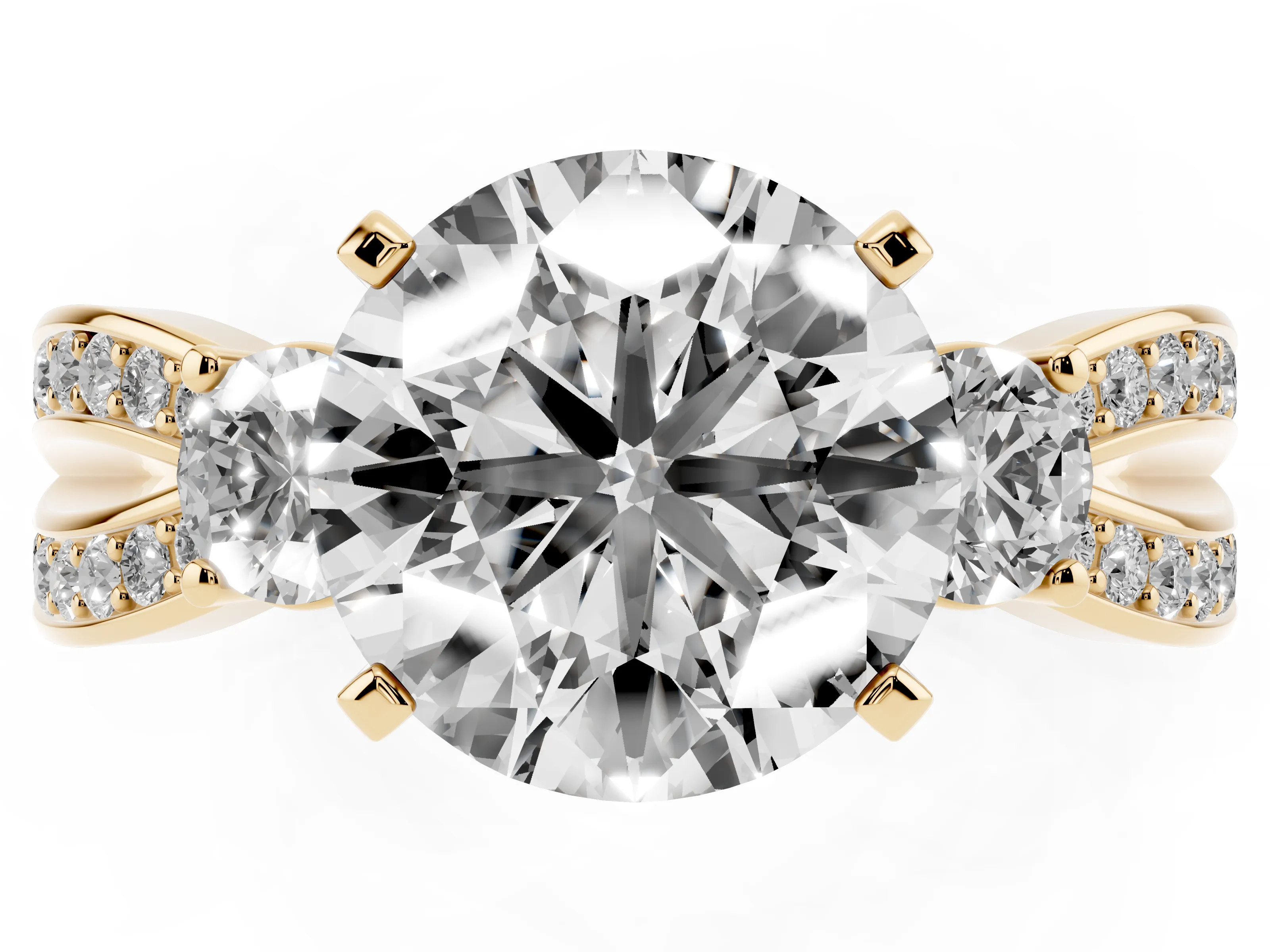 Three-Stone Round Cut Diamond Twist Band Ring Set in Yellow gold with Pavé Accents and Prong Setting