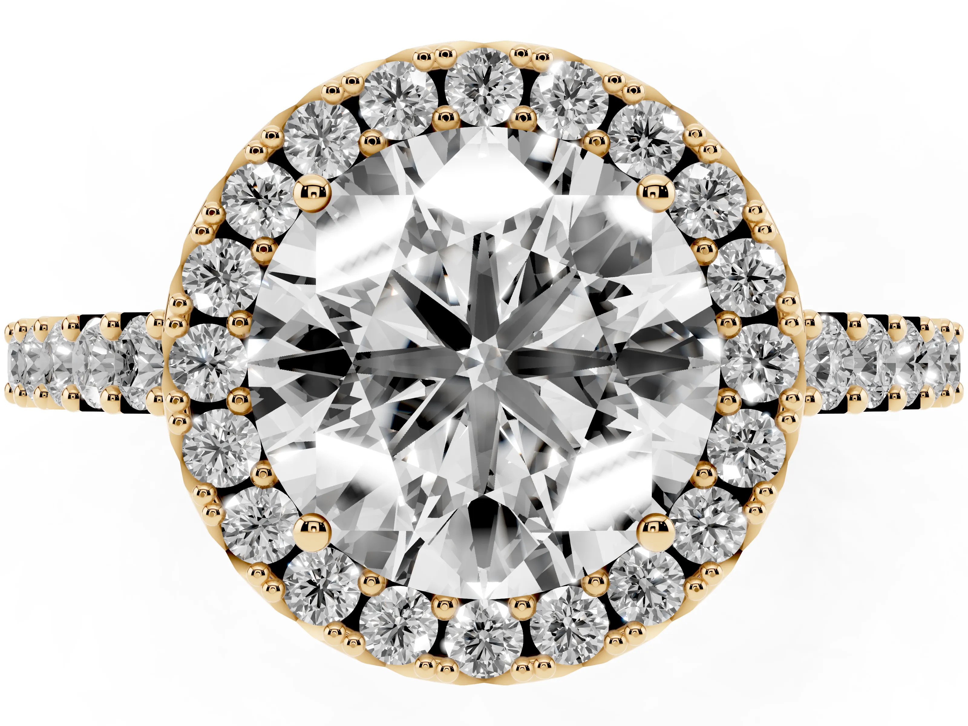 Round Cut Diamond Halo Pavé Solitaire Ring Set in Yellow gold with Prong-Set Center Stone