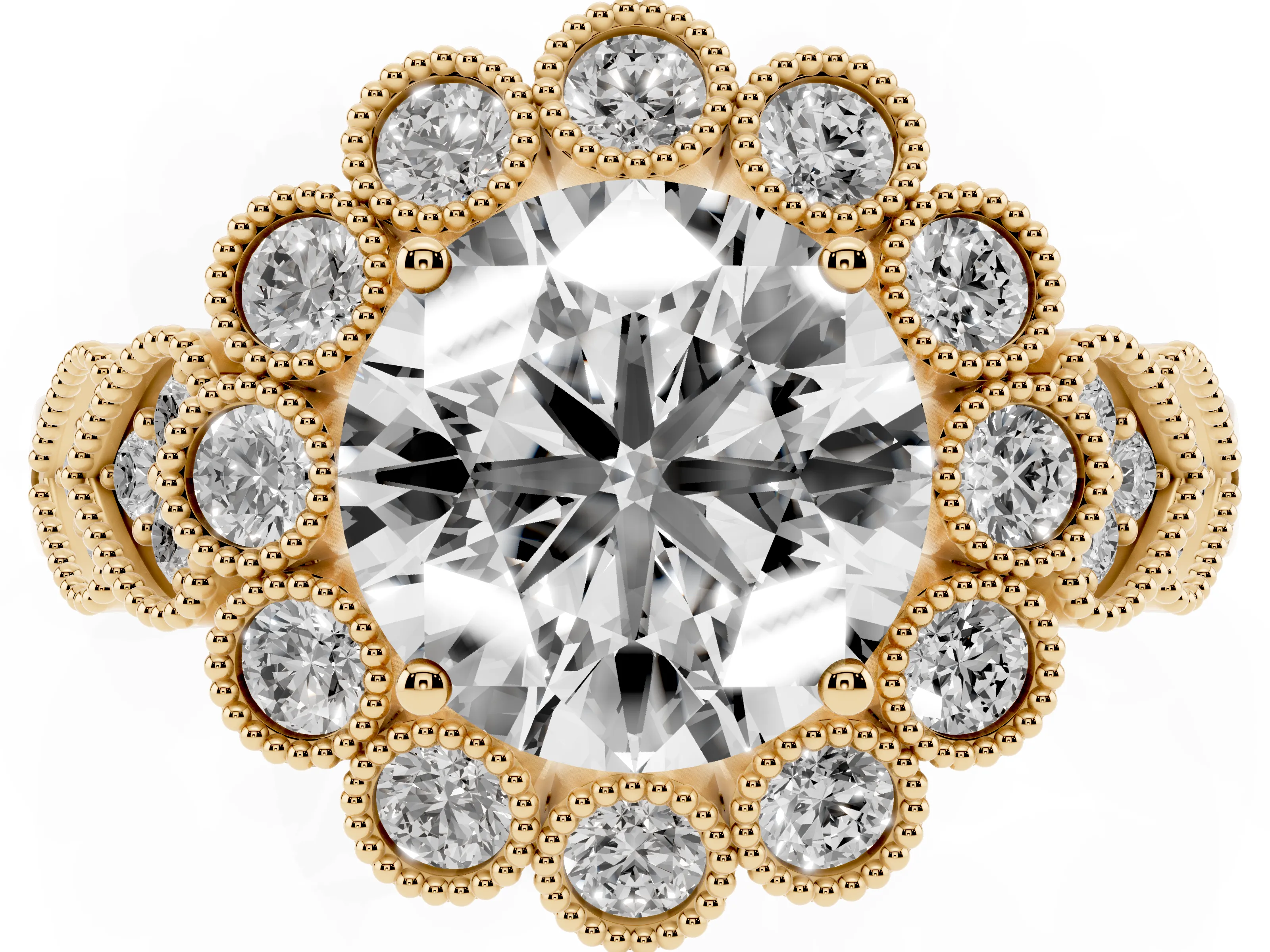 Round Cut Diamond Solitaire Ring Set in Yellow gold with Milgrain Pavé Heart Band