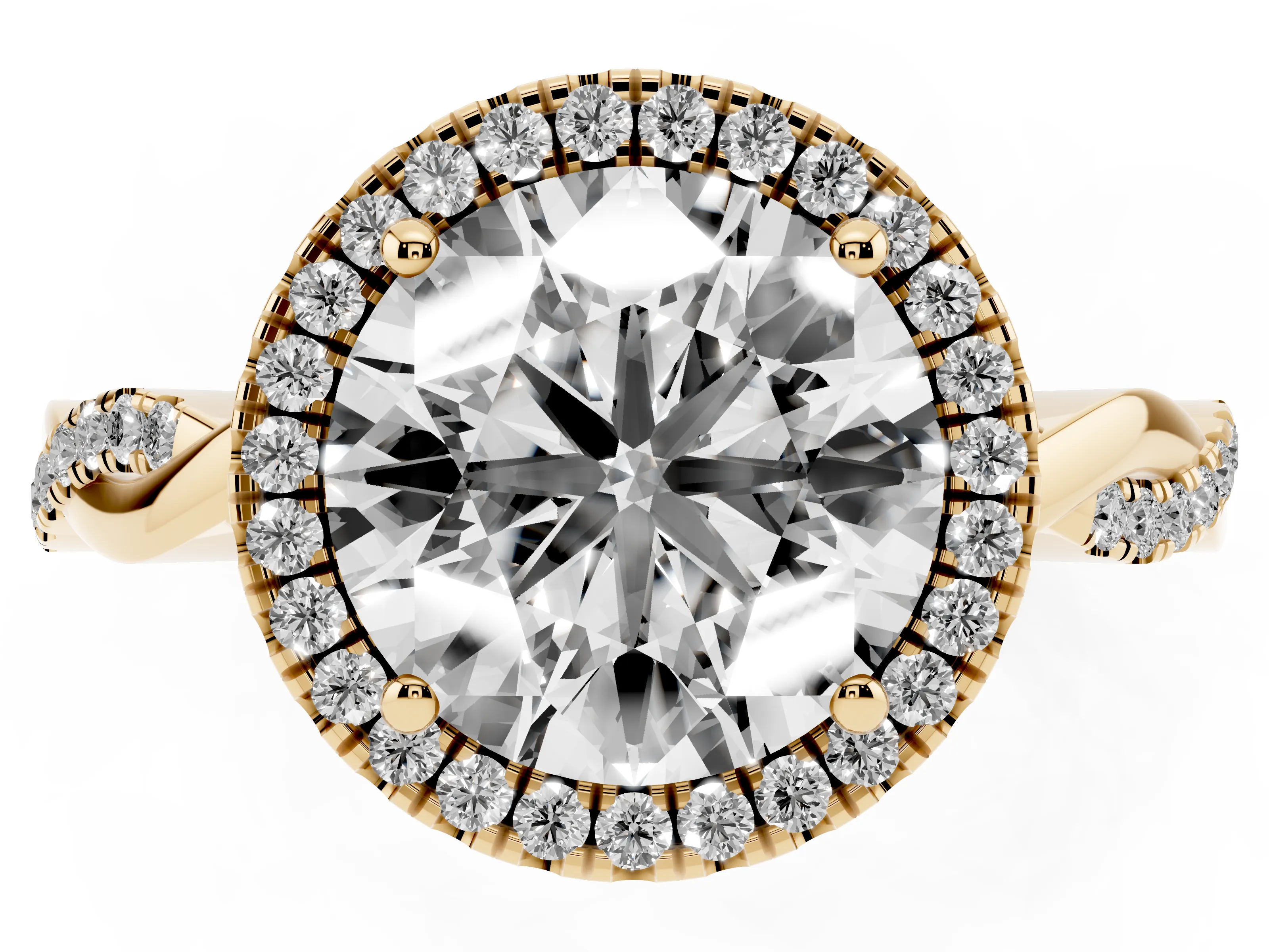 Round Cut Diamond Halo Twisted Band Ring Set in Yellow gold with Prong Setting