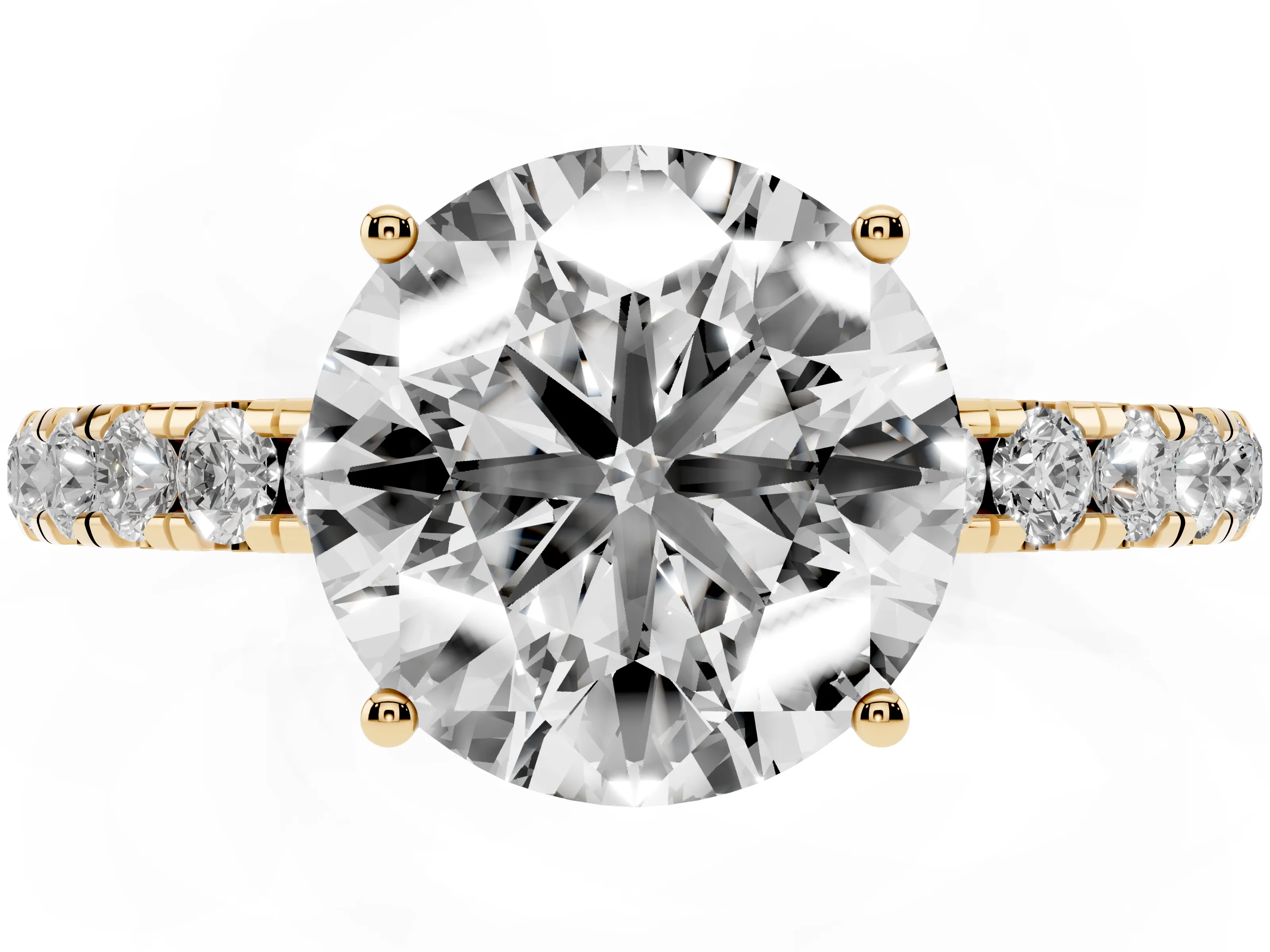 Round Cut Diamond Pavé Solitaire Engagement Ring Set in Yellow gold with Prong Setting