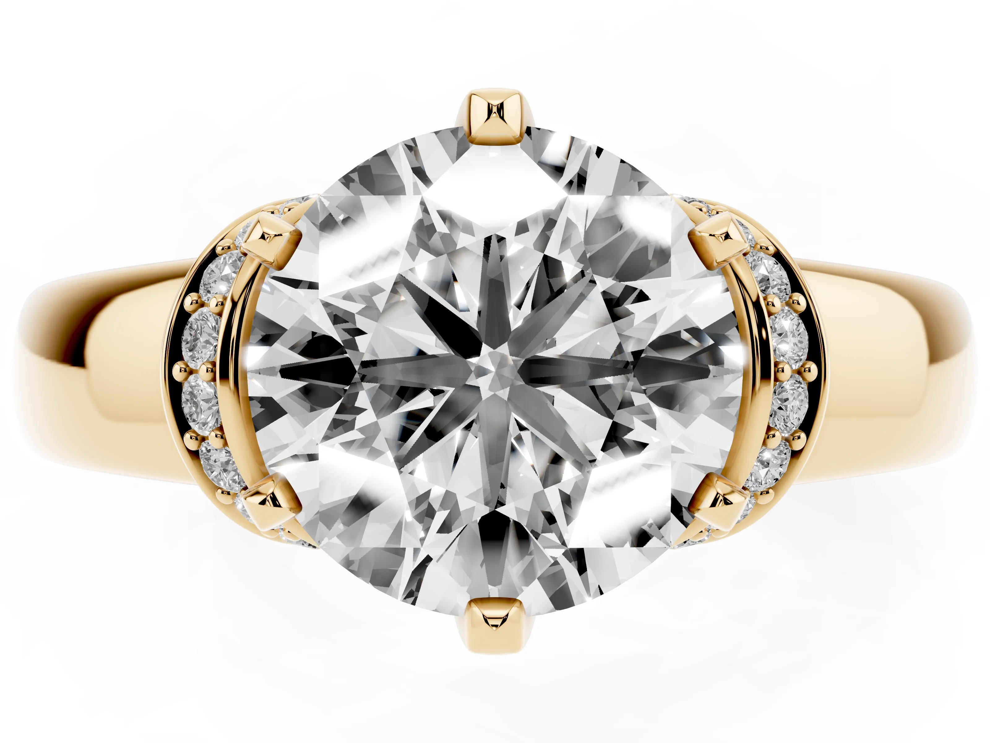 Round Cut Diamond Pavé Band Solitaire Ring Set in Yellow gold with Prong Setting