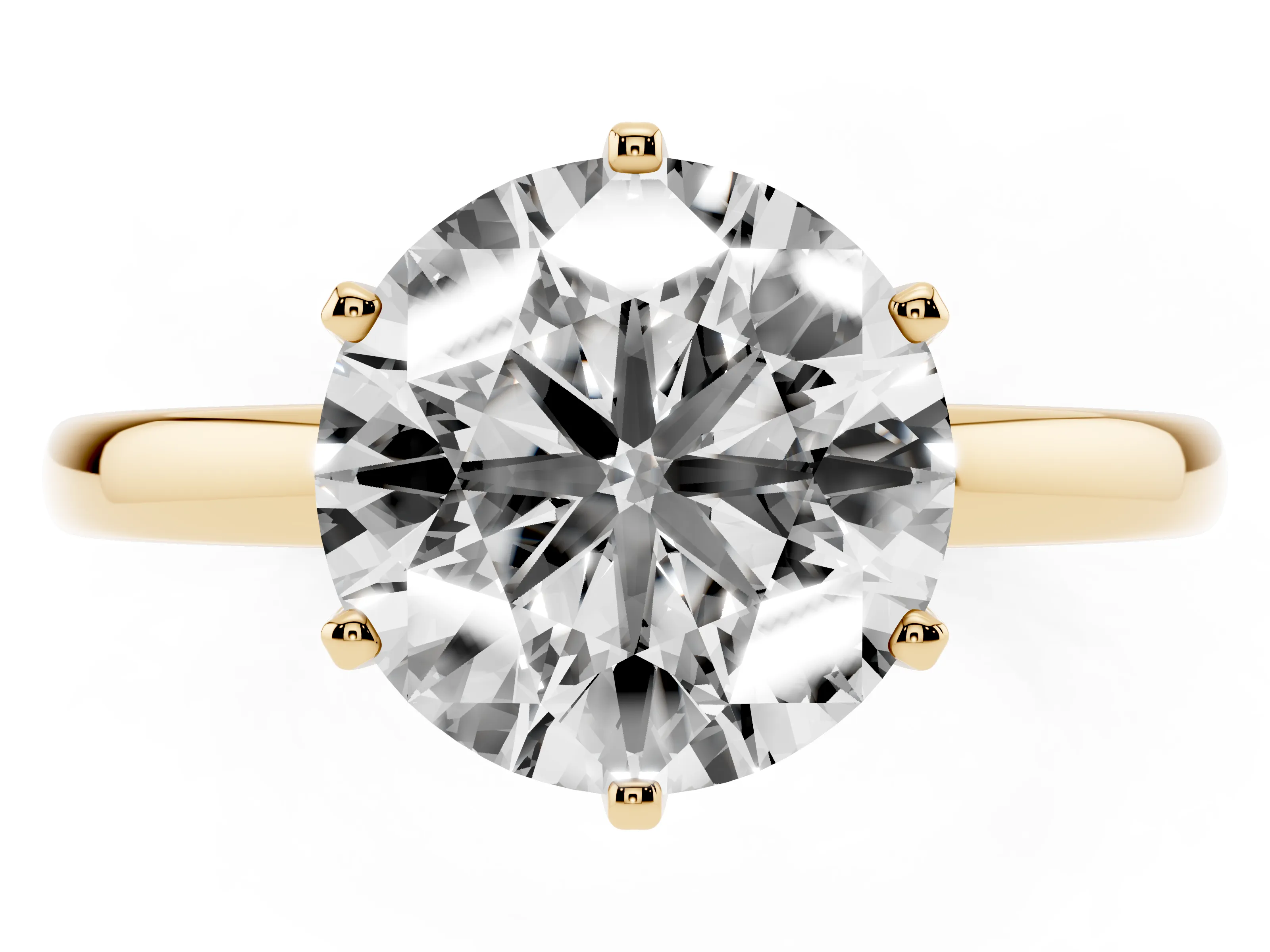 Round Cut Diamond Solitaire Ring Set in Yellow gold with Raised Prong Setting on a Classic Band