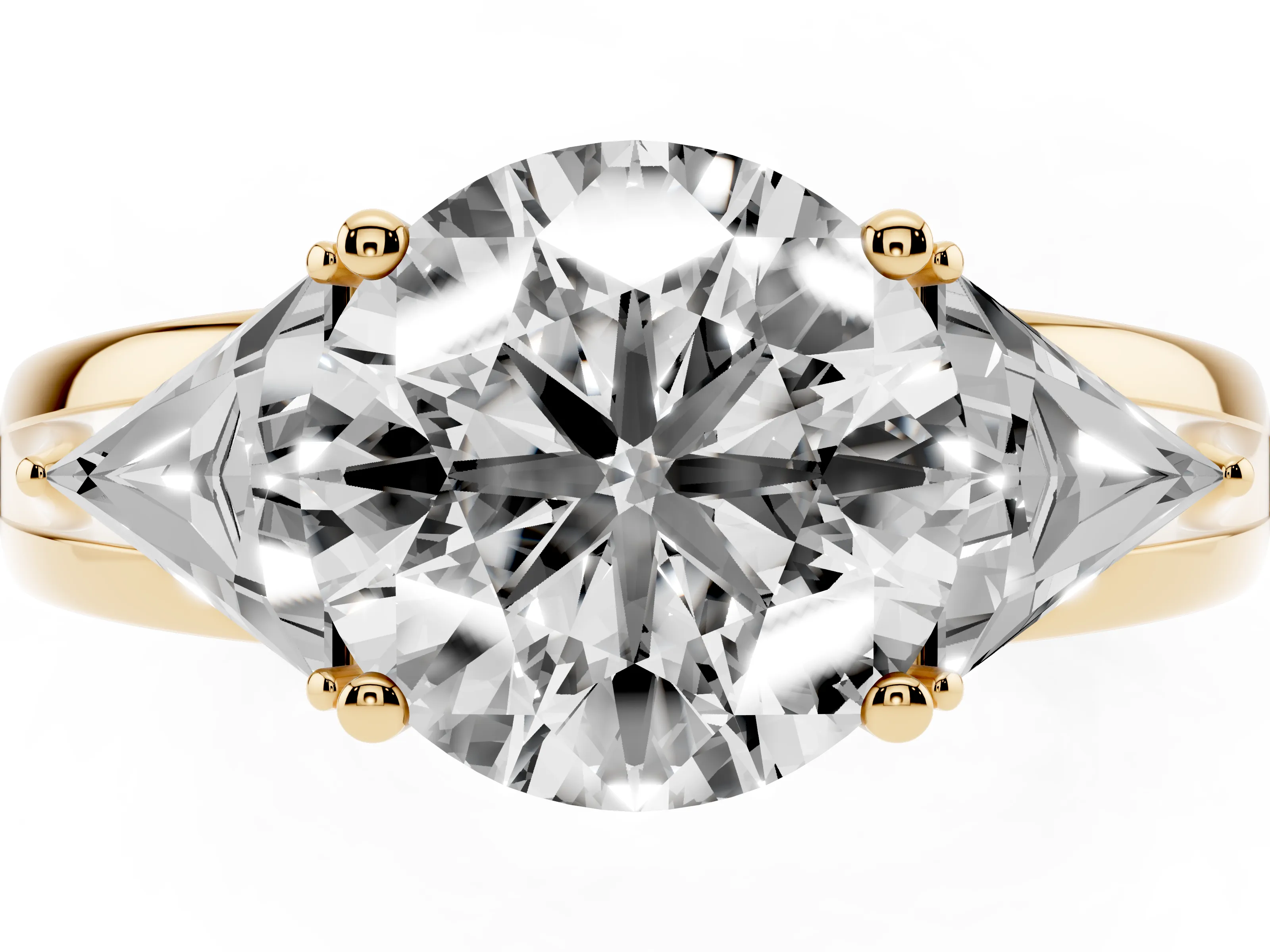 Round Cut Diamond Three-Stone Ring Set in Yellow gold with Trillion Side Stones and Split Shank