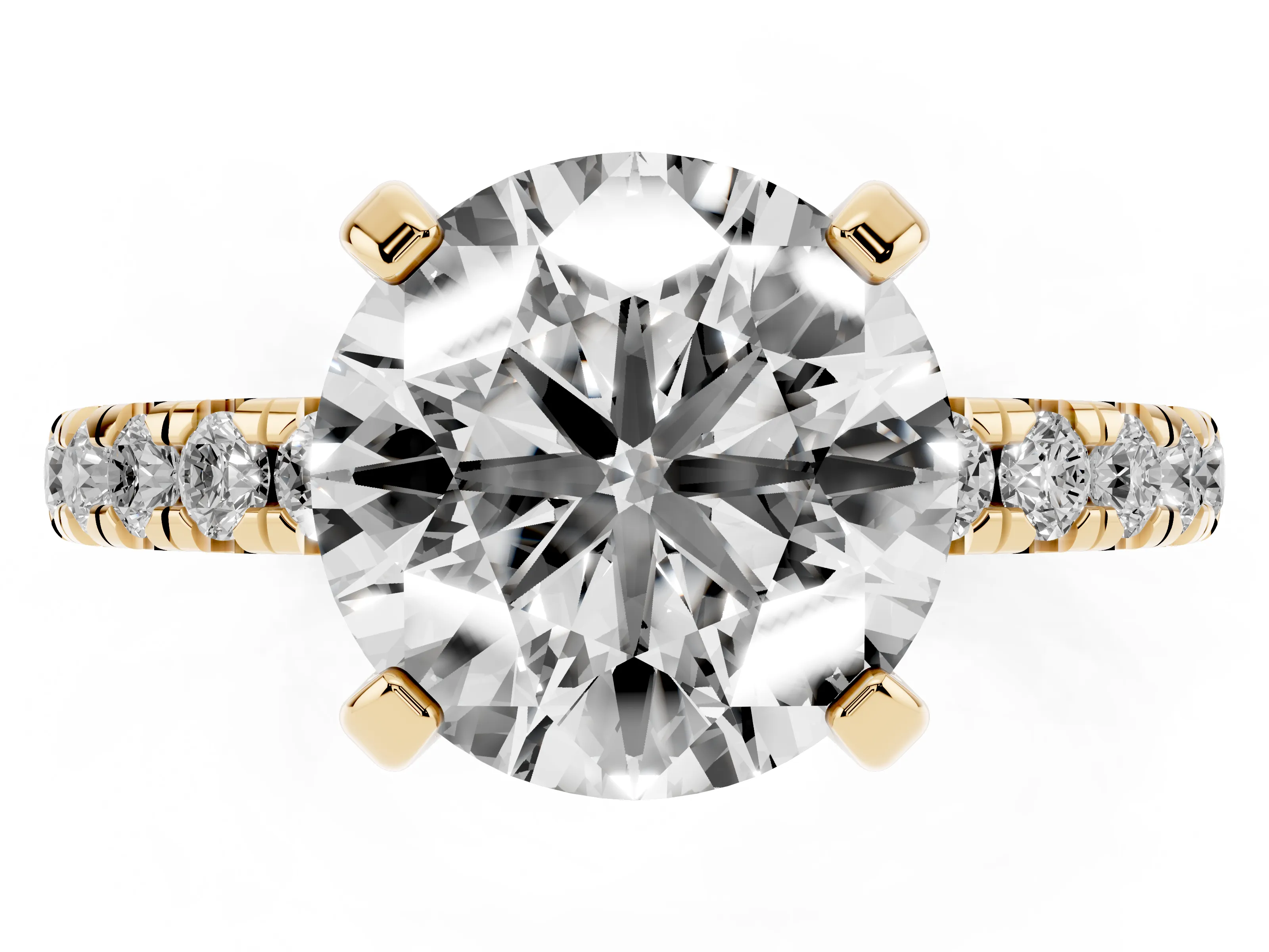 Round Cut Diamond Pavé Solitaire Ring Set in Yellow gold with Round Band and Prong Setting