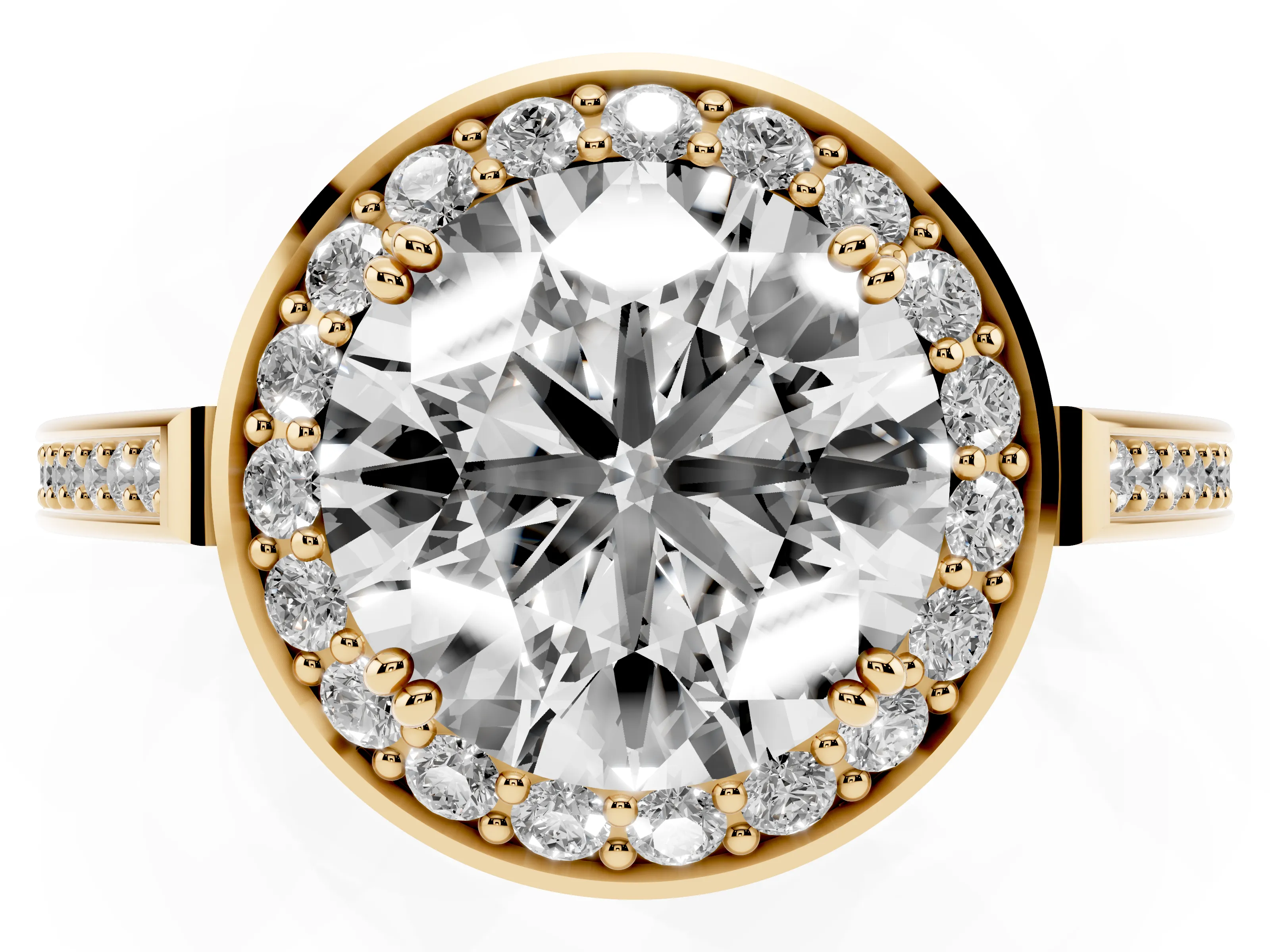 Round Cut Diamond Halo Ring Set in Yellow gold with Accent-Lined Split Shank and Prong Setting