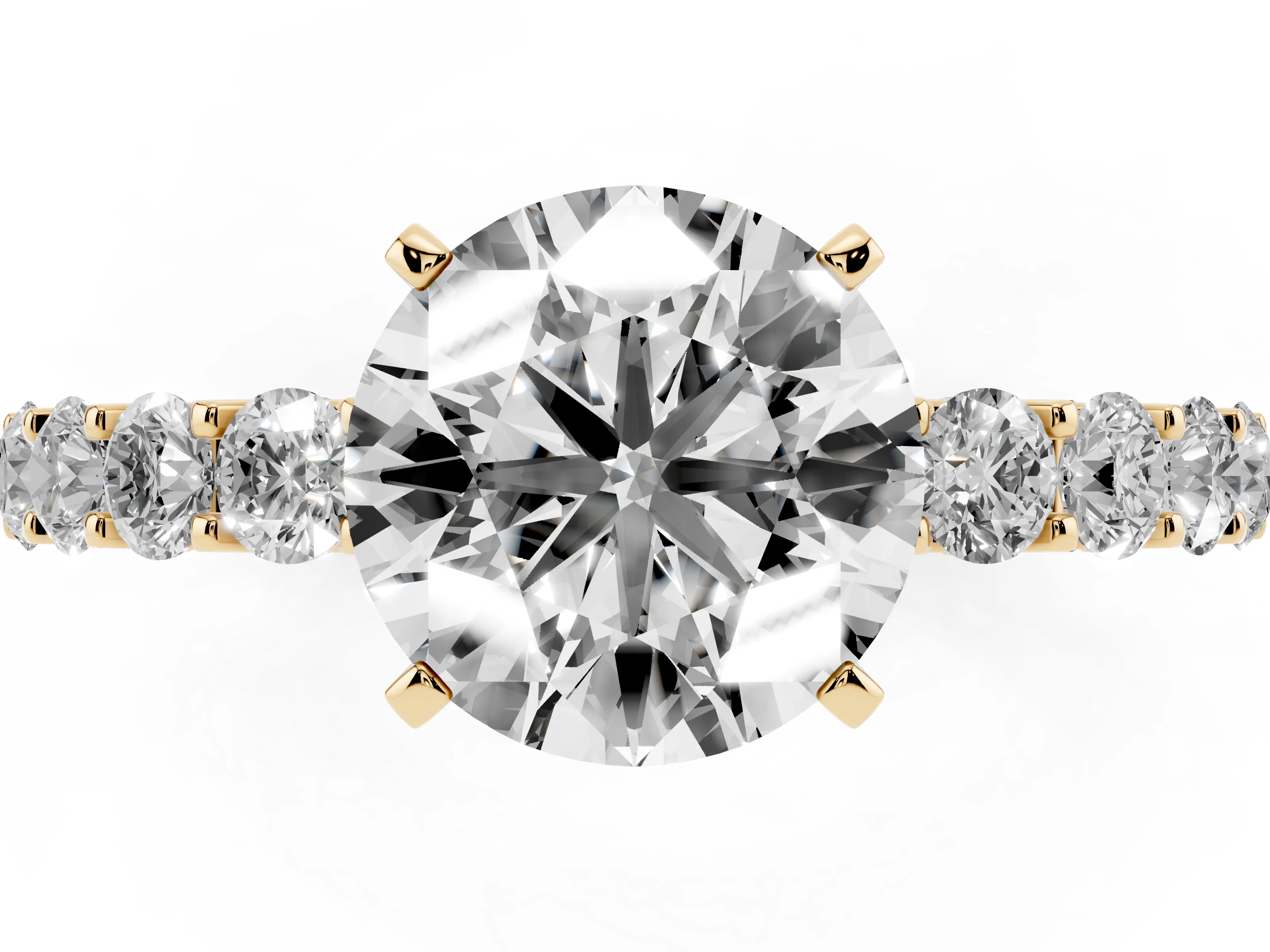 Round Cut Diamond Solitaire Ring Set in Yellow gold with Shared Prong Pavé Band