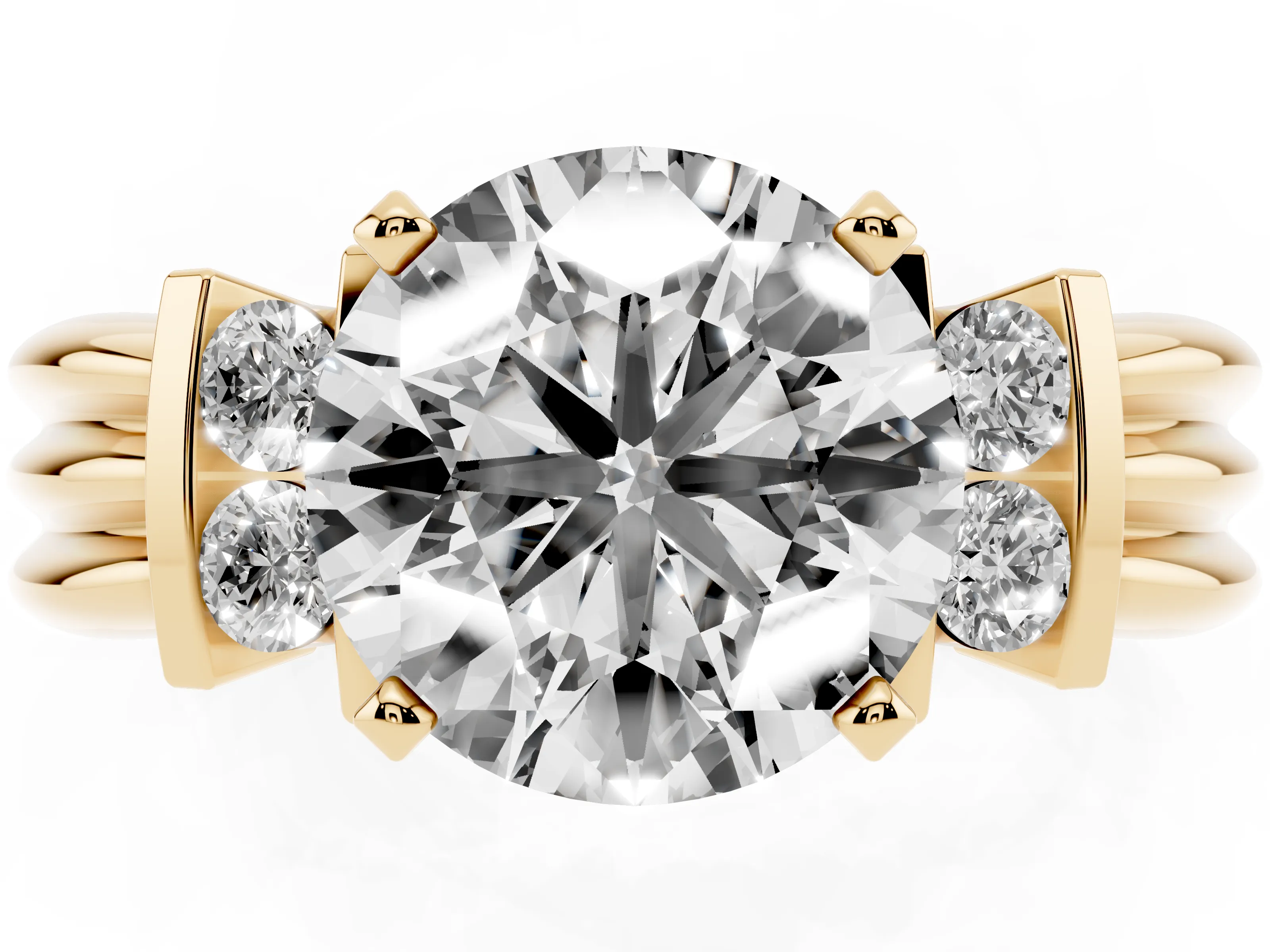 Three-Stone Round Cut Diamond Channel Set Ring Set in Yellow gold with Bar Prongs