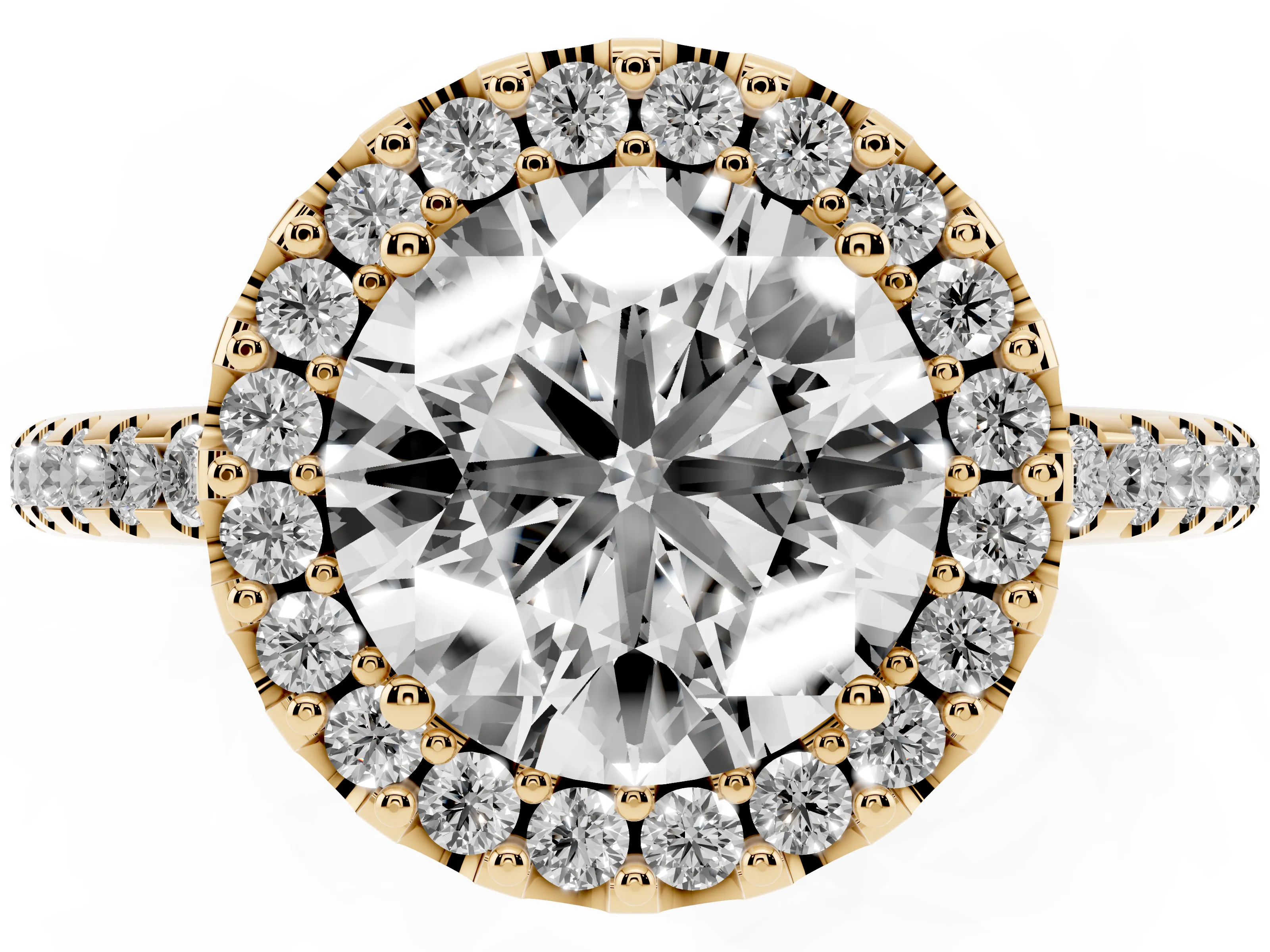 Round Cut Diamond Pavé Halo Ring Set in Yellow gold with Prong Setting