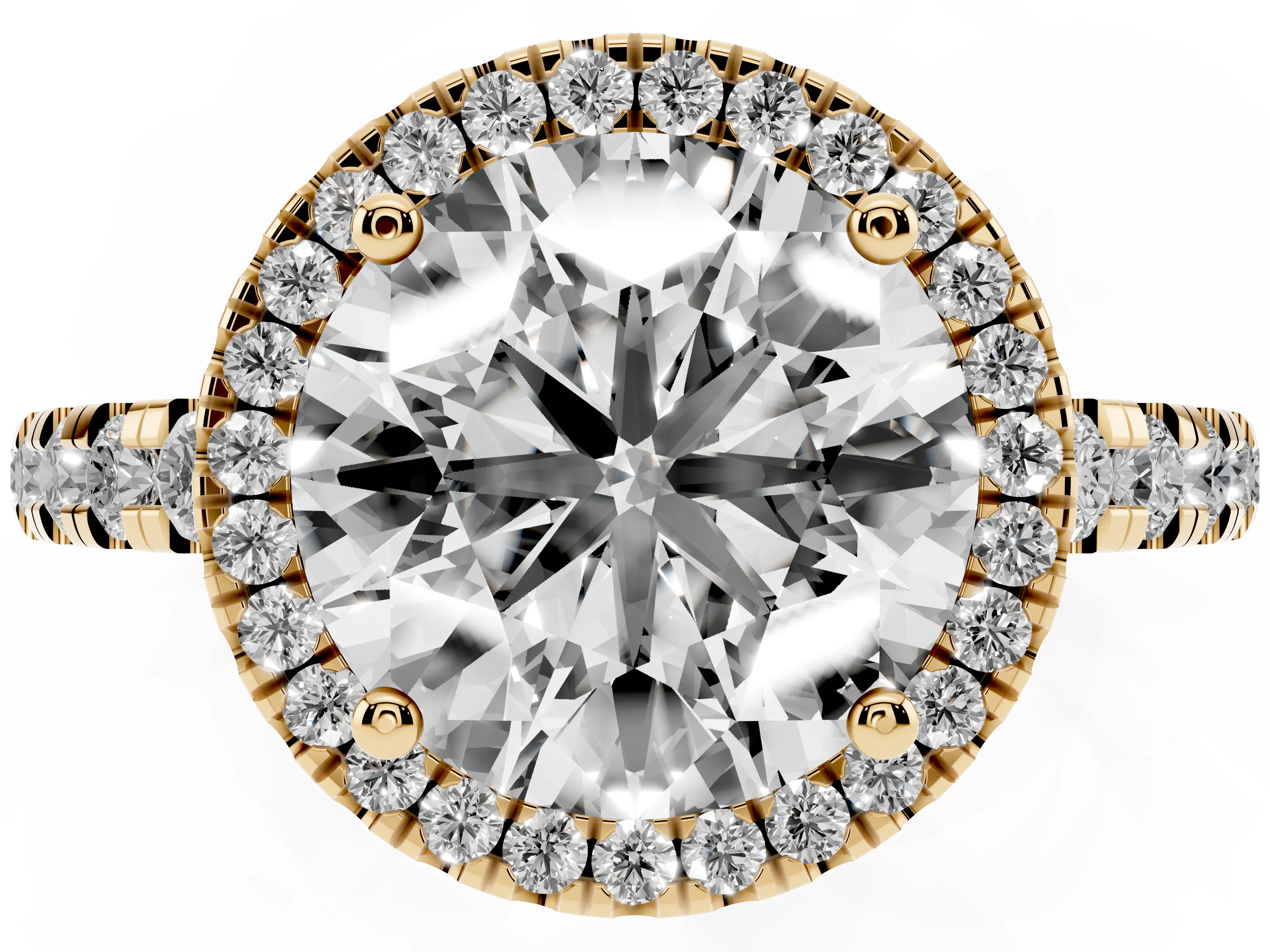 Round Cut Diamond Halo Ring Set in Yellow gold with Delicate Pavé Band and Prong Setting