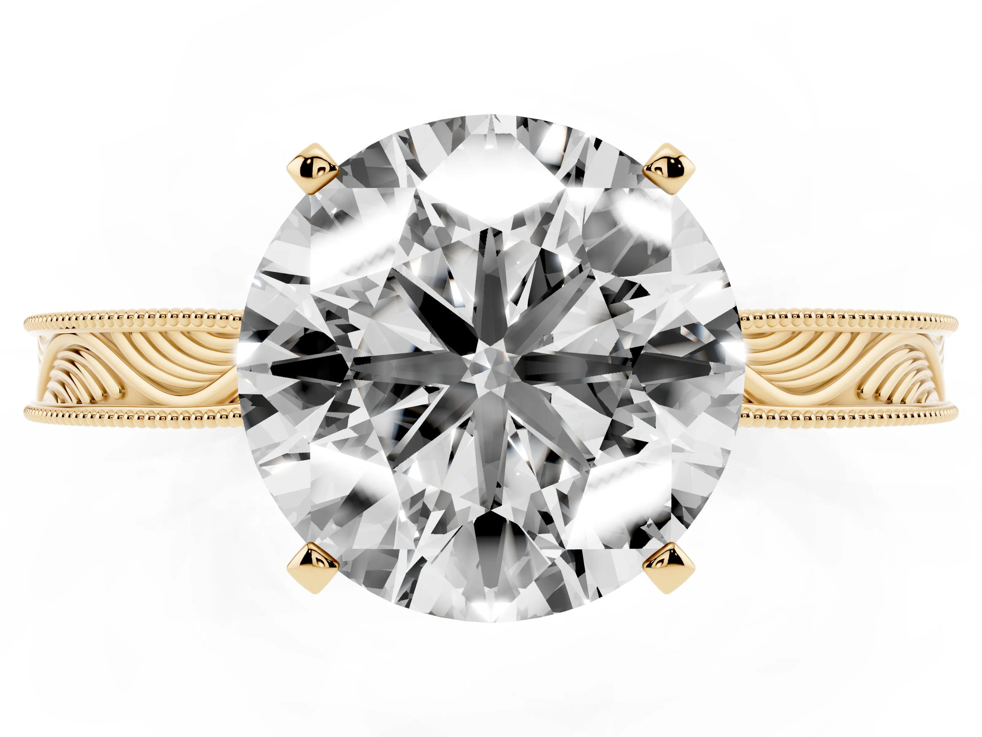 Round Cut Diamond Solitaire Milgrain Engraved Band Set in Yellow gold with Prong Setting