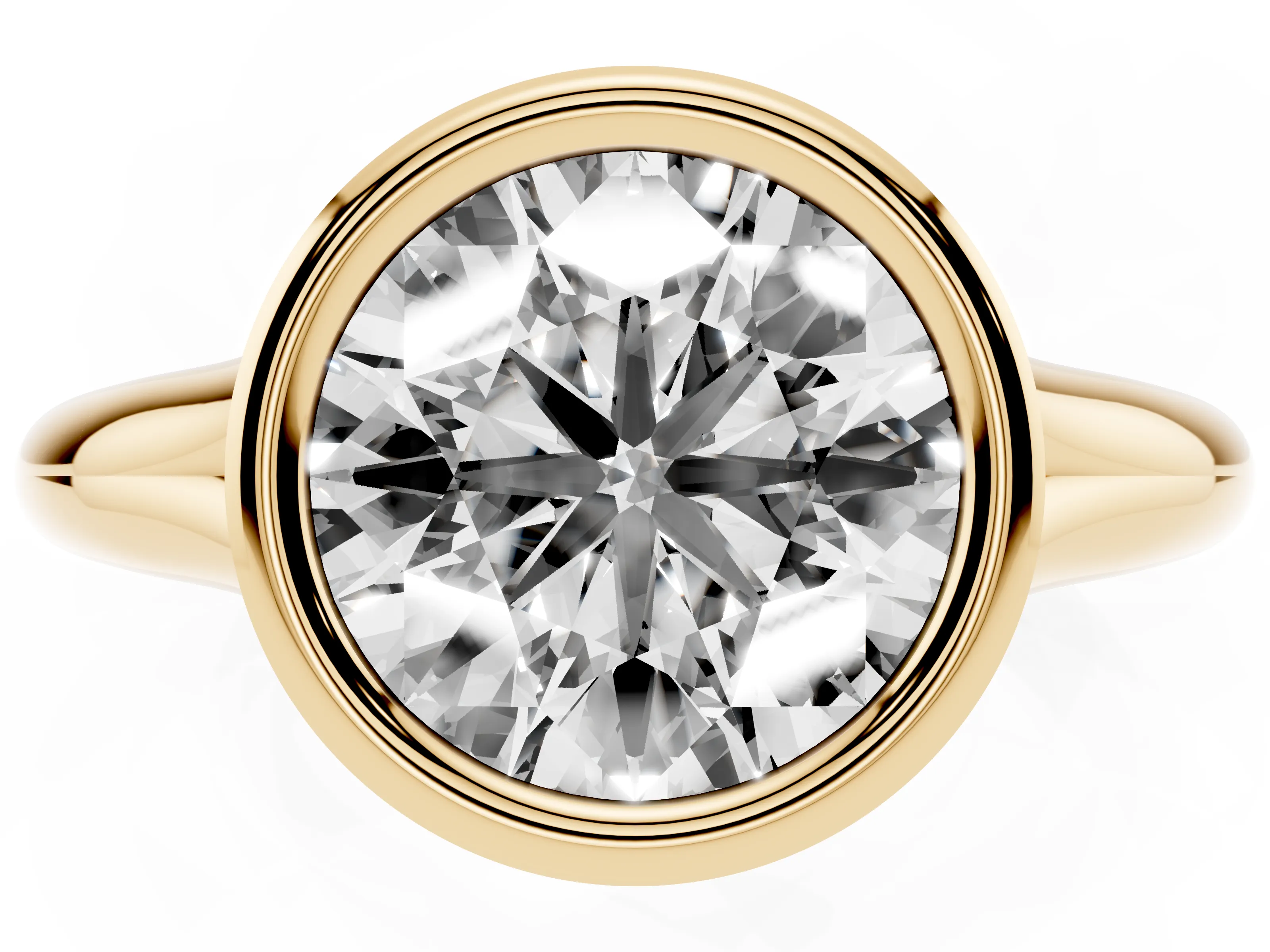 Bezel Set Round Cut Diamond Solitaire Ring Set in Yellow gold with Smooth Band