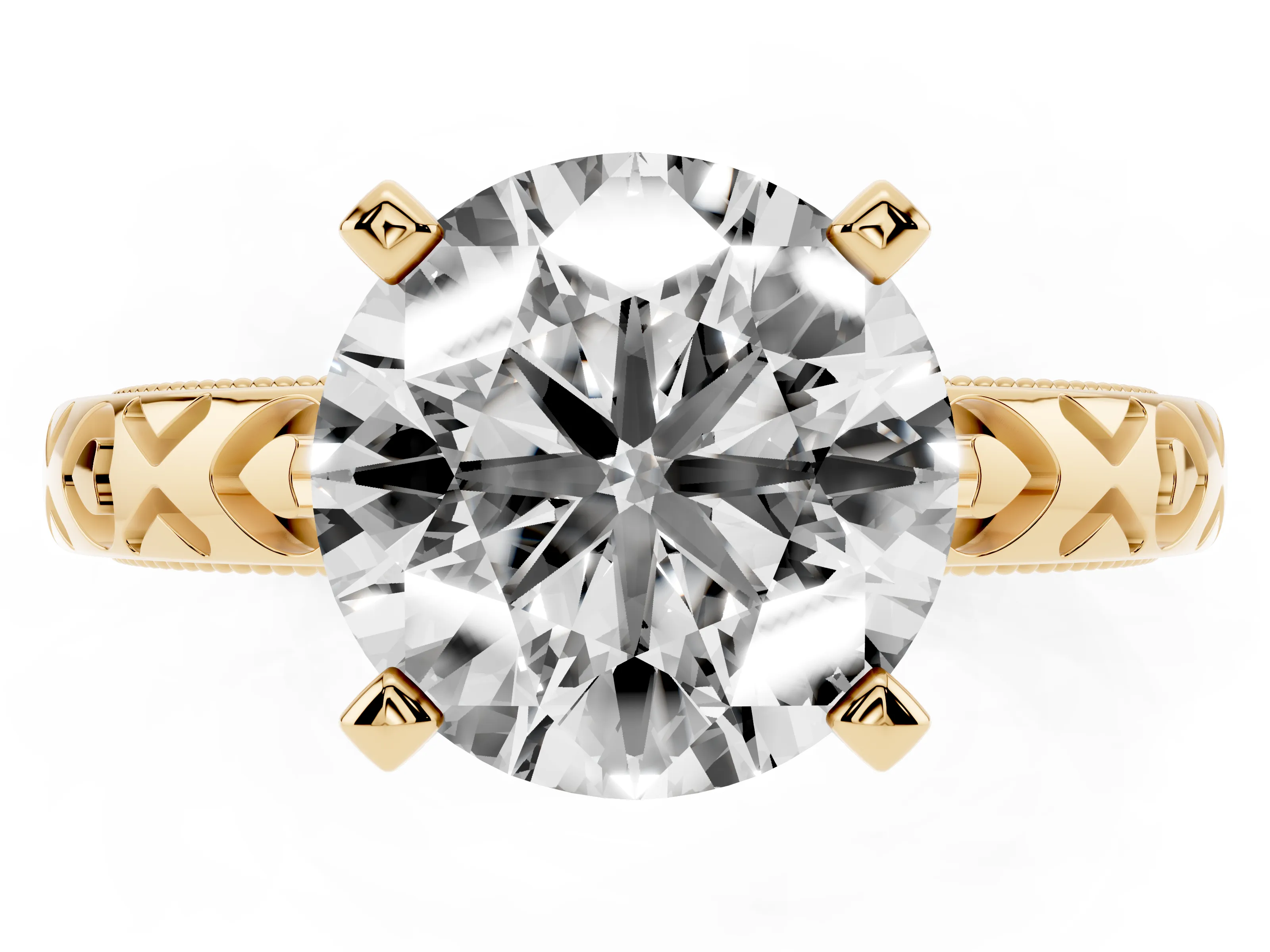 Round Cut Diamond Solitaire Engagement Ring Set in Yellow gold with XO Engraved Band and Prong Setting