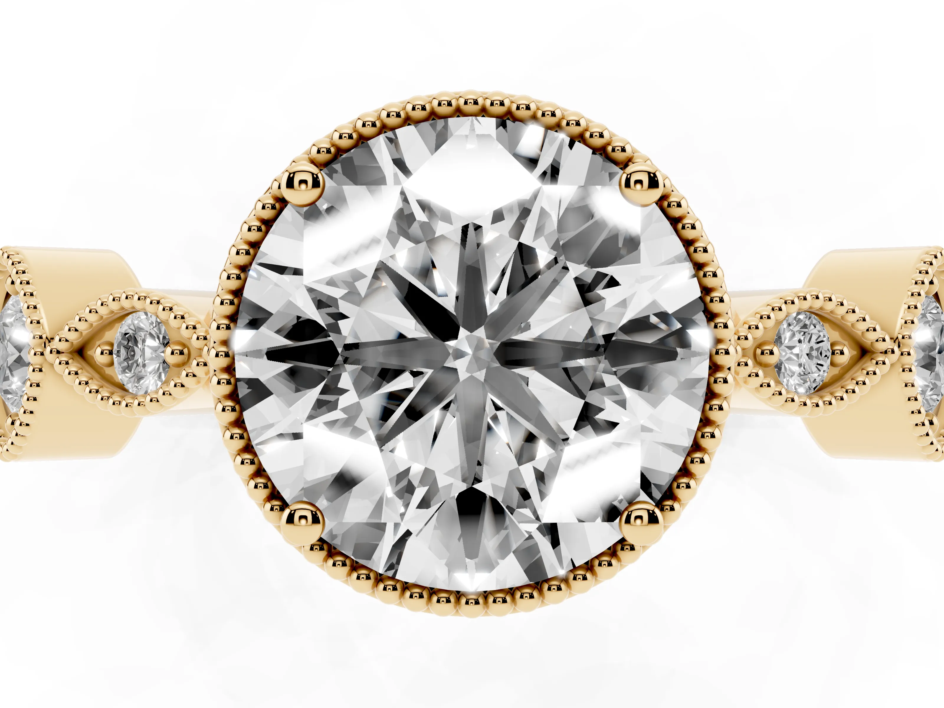 Round Cut Diamond Vintage-Inspired Milgrain Ring Set in Yellow gold with Marquise Stations of Round Accents