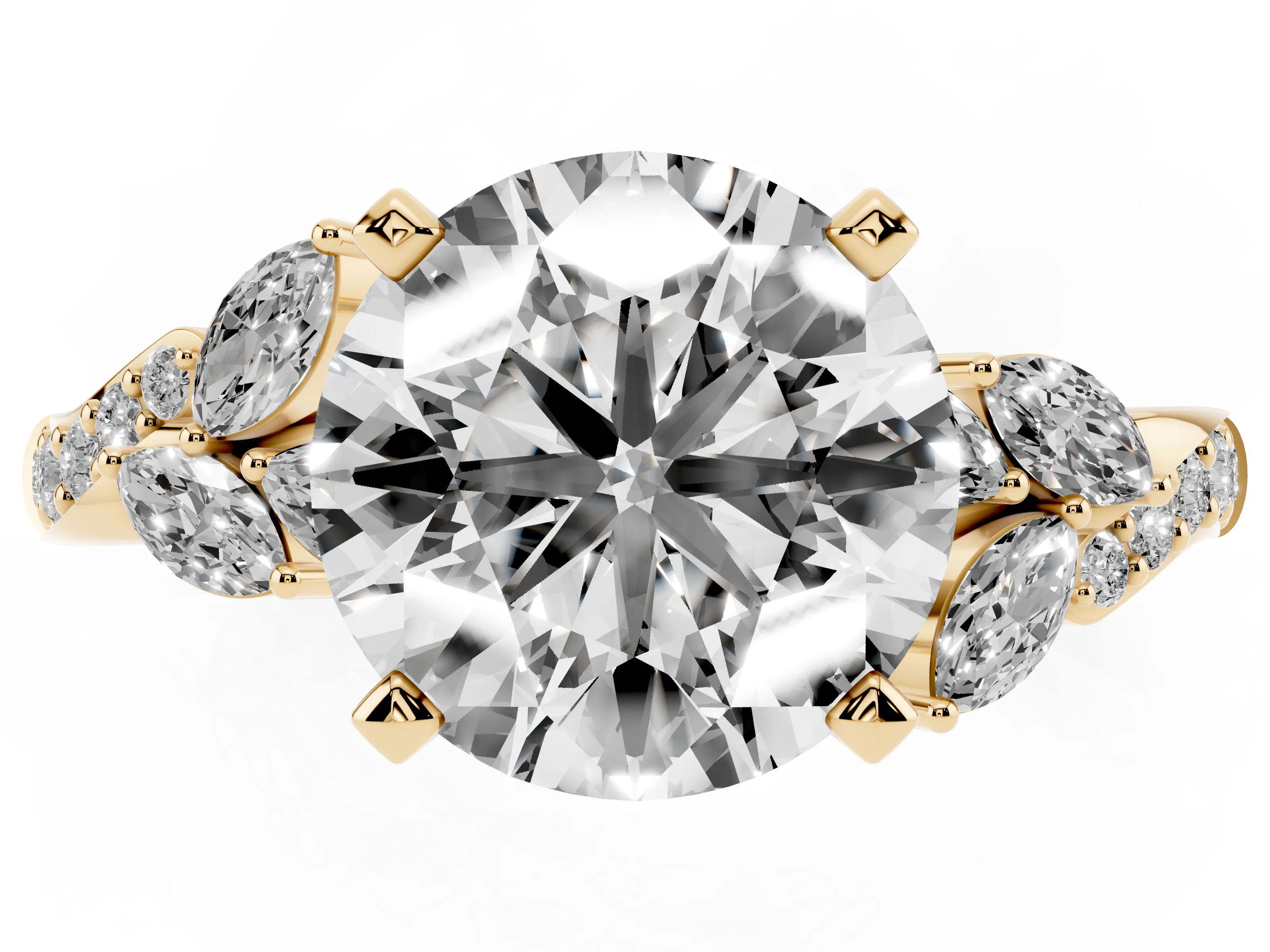 Round Cut Diamond Solitaire Ring Set in Yellow gold with Marquise Twist Band and Prong Setting