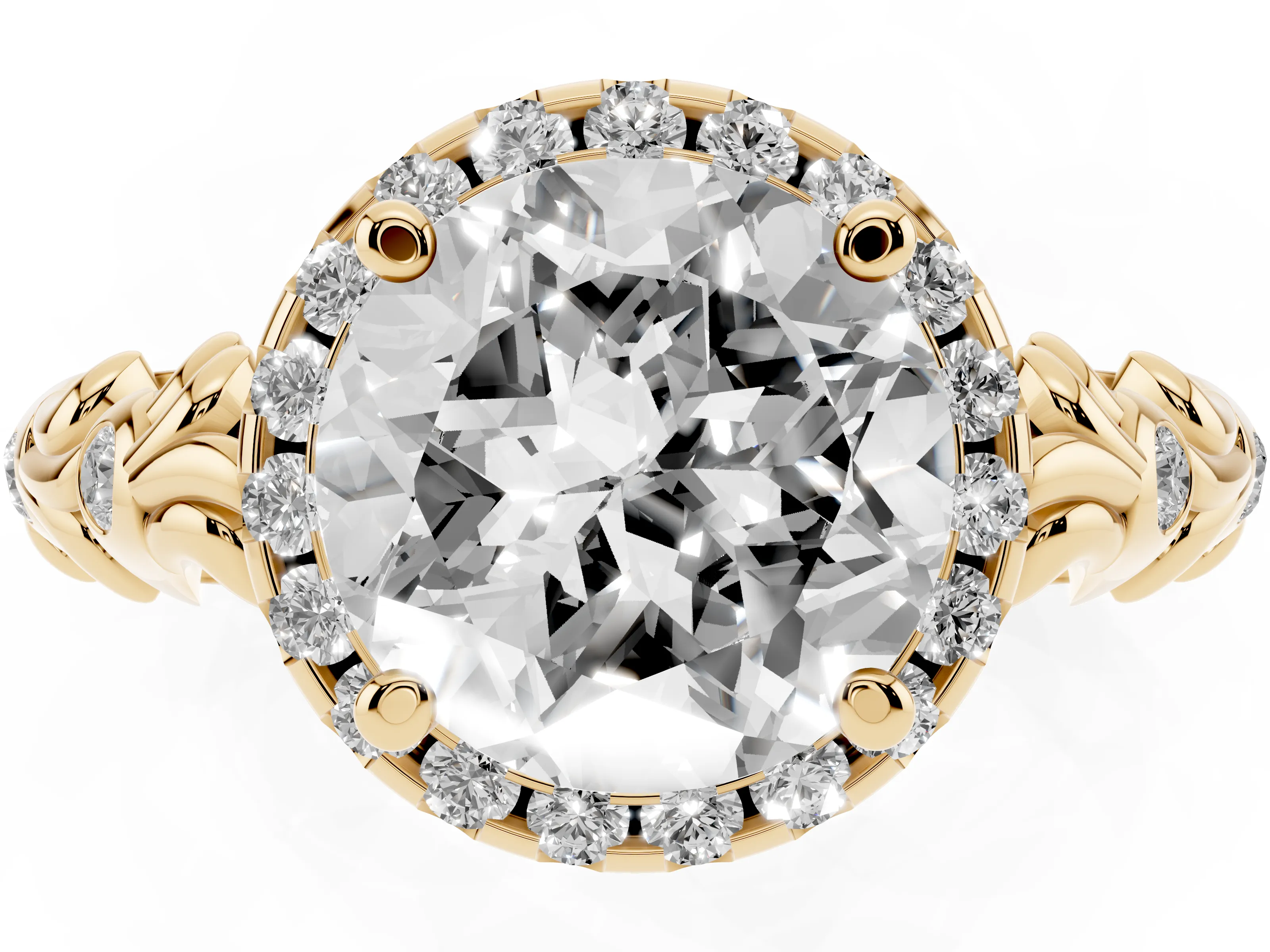 Round Cut Diamond Halo Ring Set in Yellow gold with Filigree Leaf Band and Prong Setting