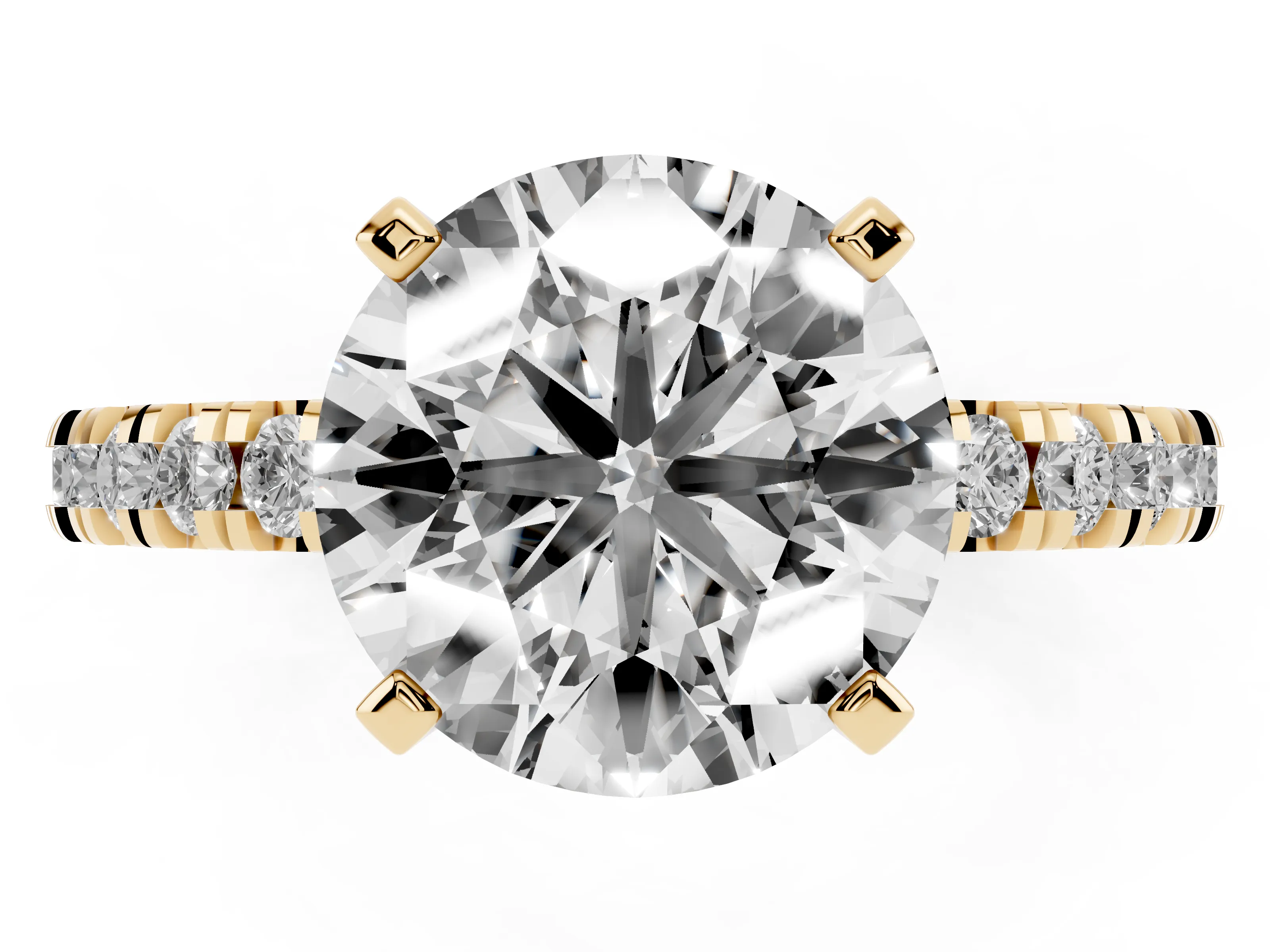Round Cut Diamond Pavé Band Solitaire Set in Yellow gold with Prong Setting
