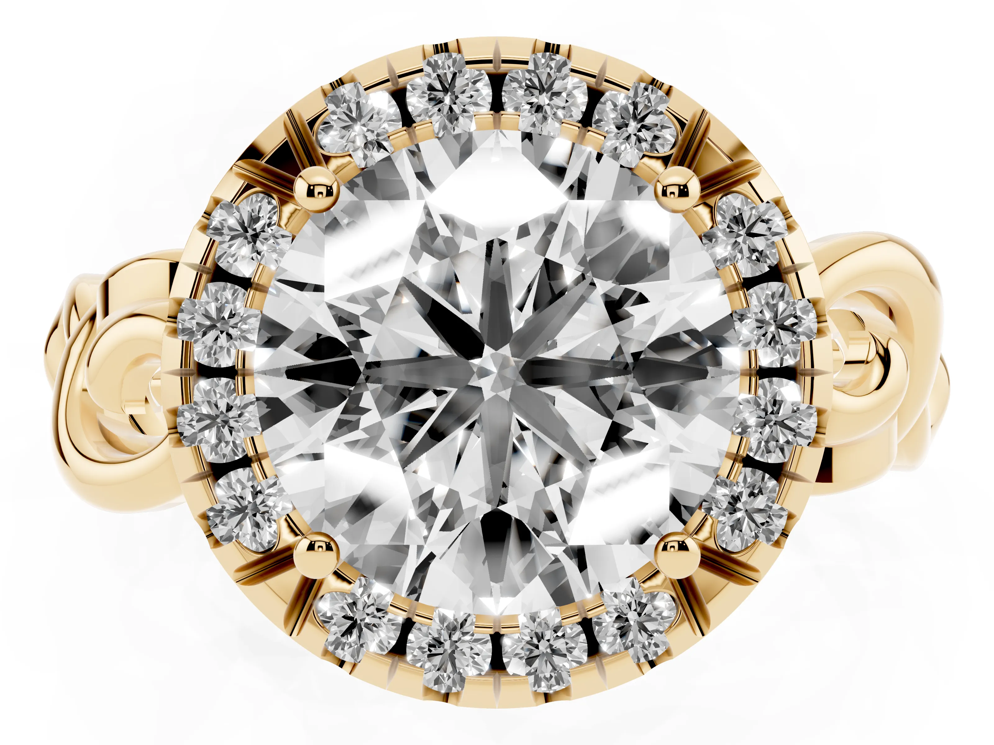 Round Cut Diamond Halo Ring Set in Yellow gold with Scrollwork Band and Prong Setting