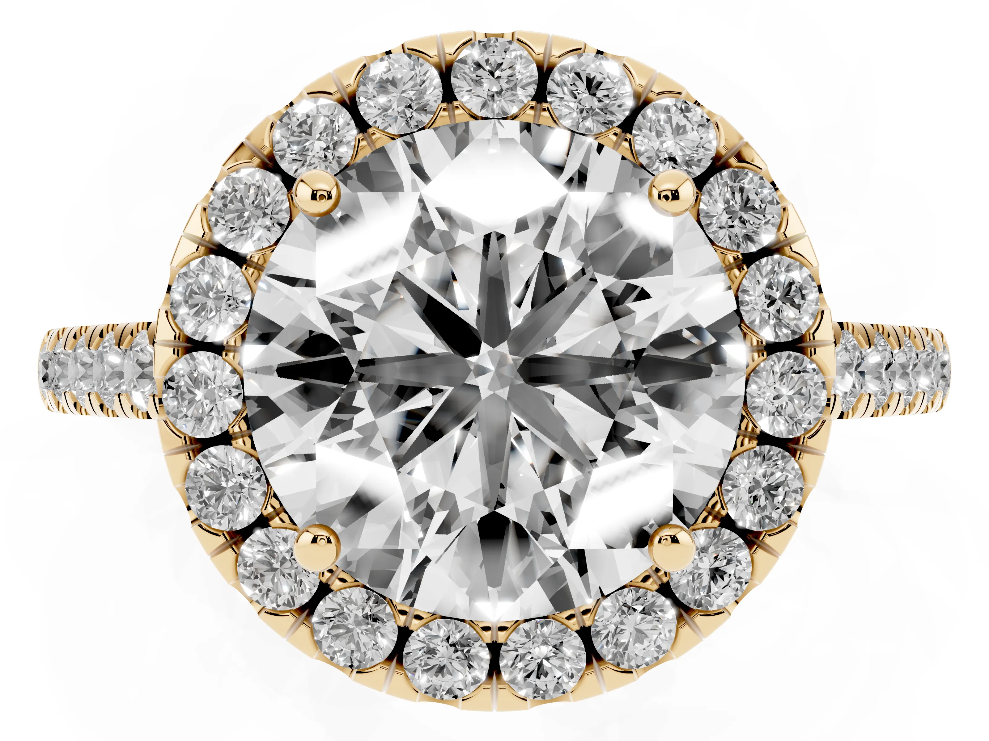 Round Cut Diamond Pavé Halo Engagement Ring Set in Yellow gold with Pavé Band and Prong Setting