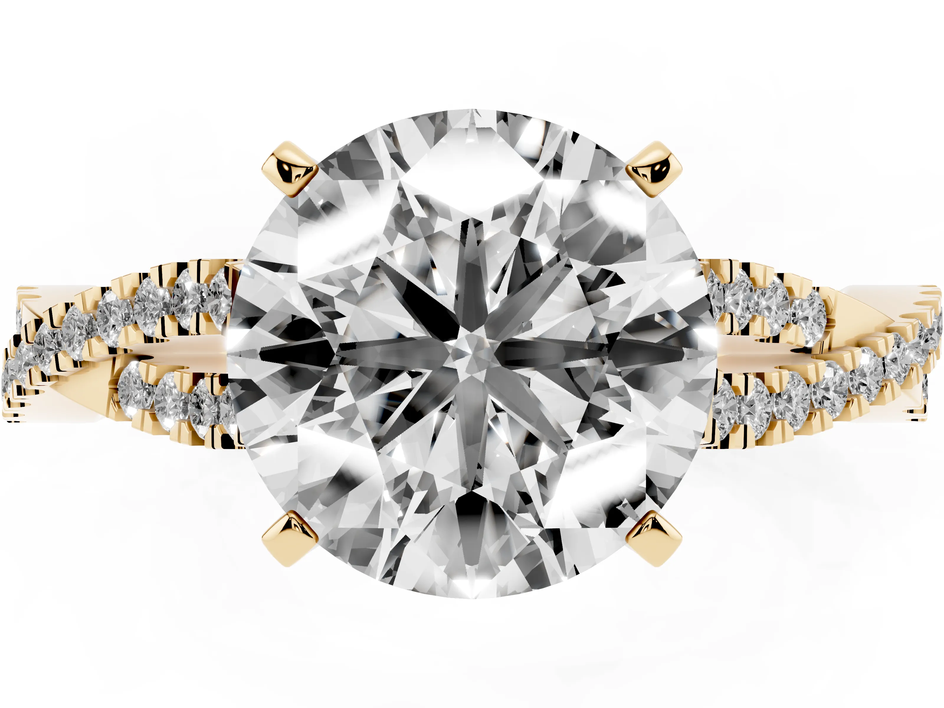 Round Cut Diamond Solitaire Engagement Ring Set in Yellow gold with Twisted Pavé Band and Prong Setting