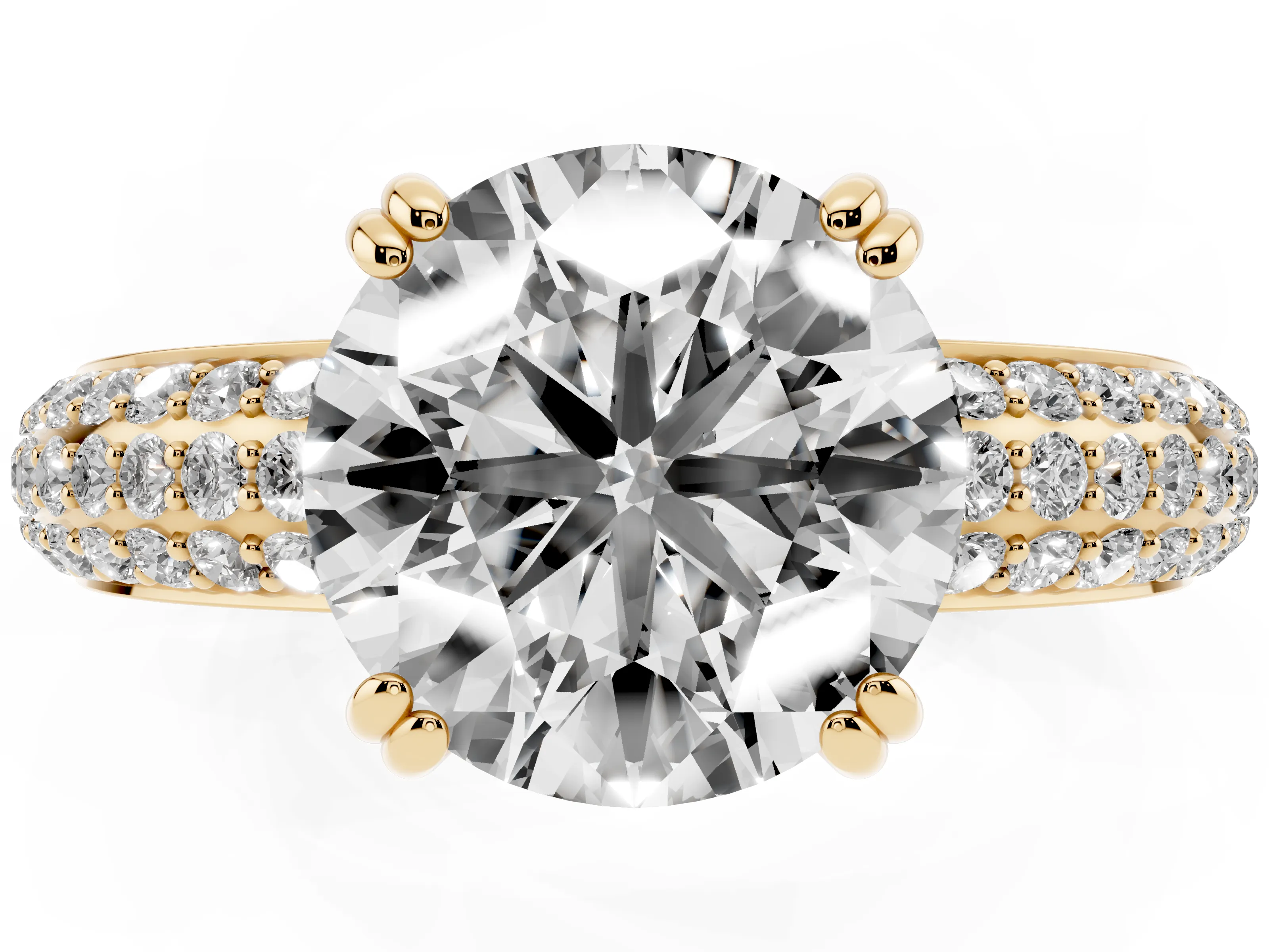Round Cut Diamond Solitaire Ring Set in Yellow gold with Multi-Row Round Pavé Band and Prong Setting