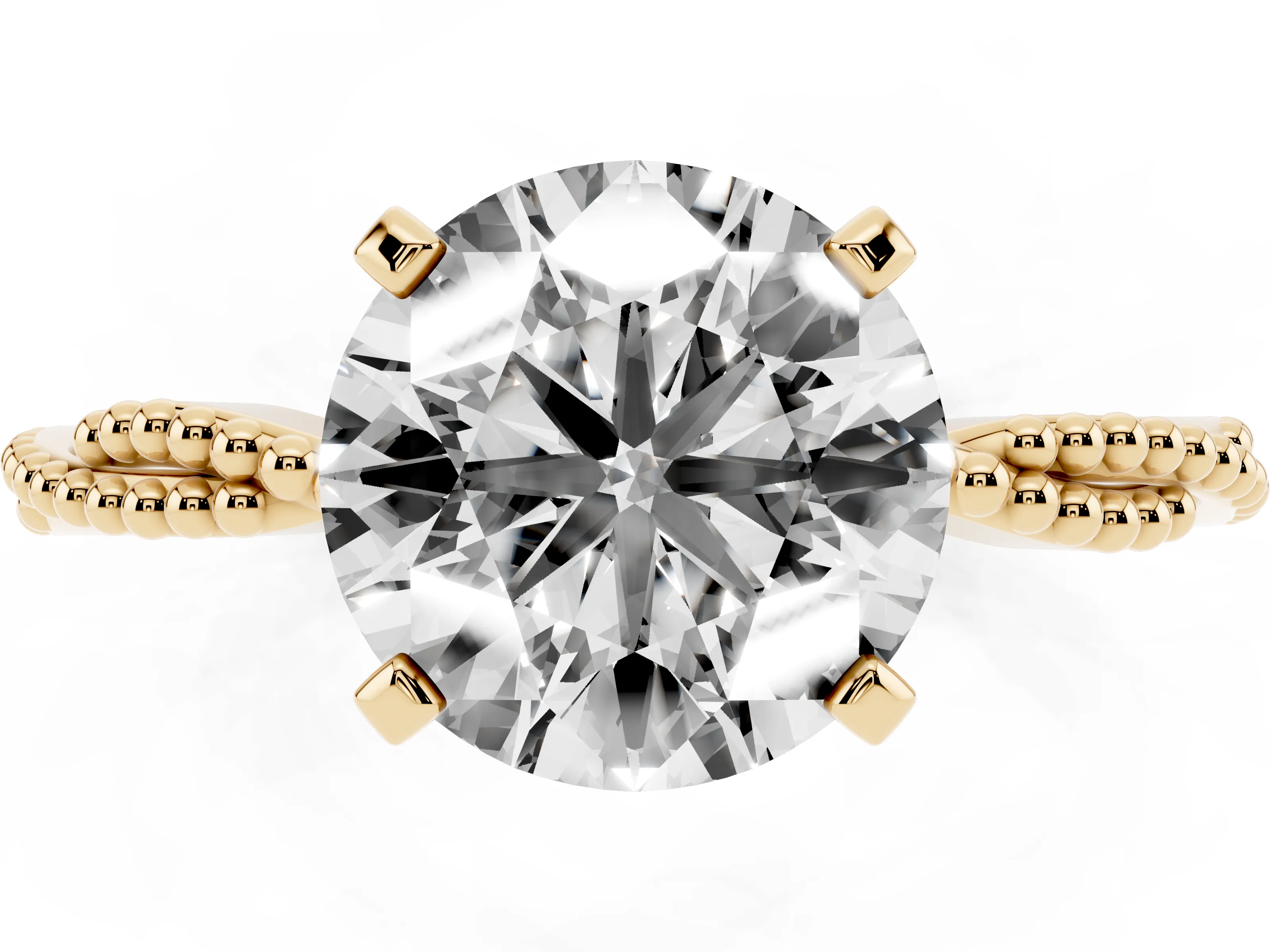 Round Cut Diamond Solitaire Ring Set in Yellow gold with Twisted Band and Bead Prong Setting