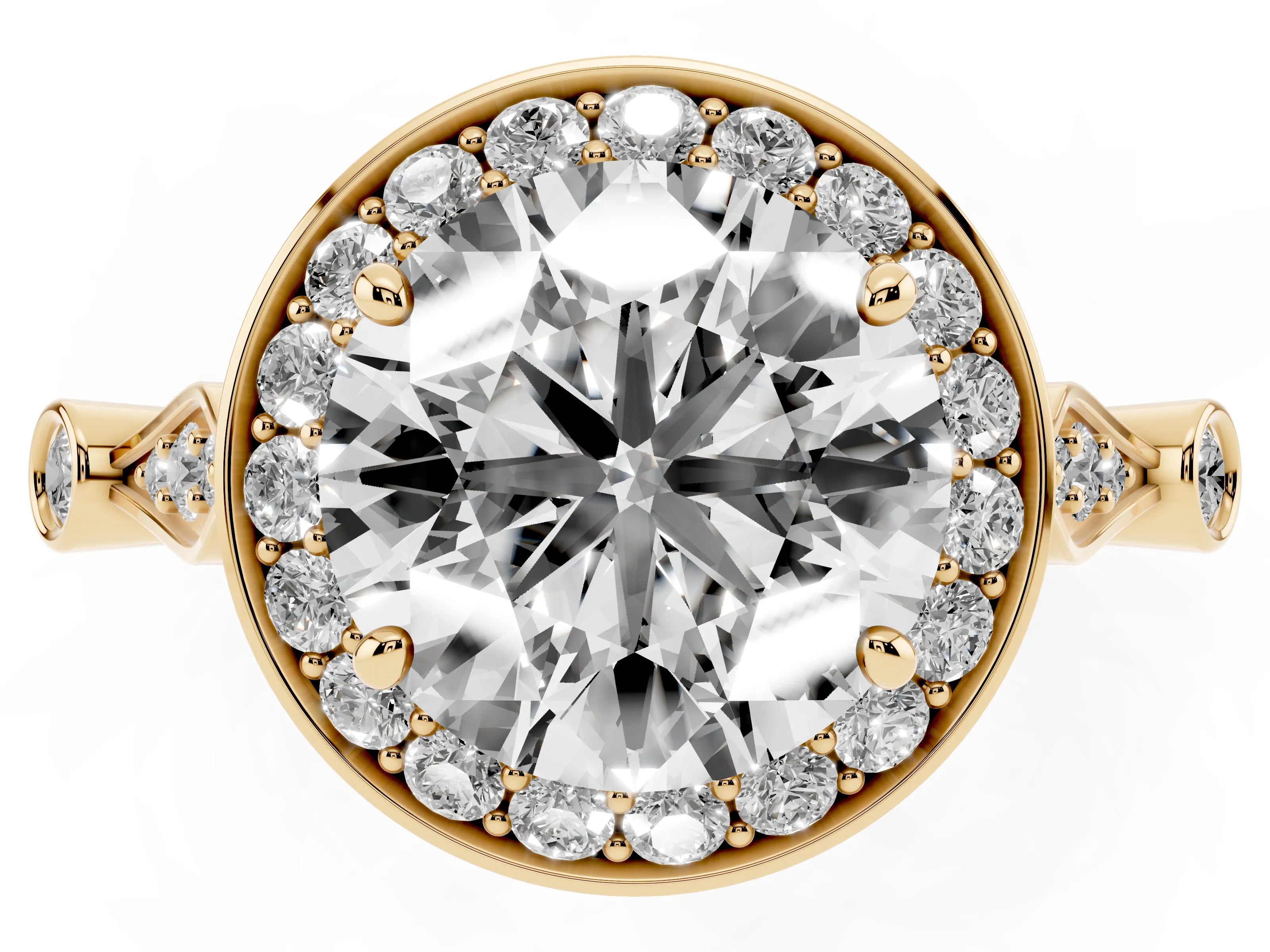 Round Cut Diamond Halo Engagement Ring Set in Yellow gold with Twisted Band and Prong Setting