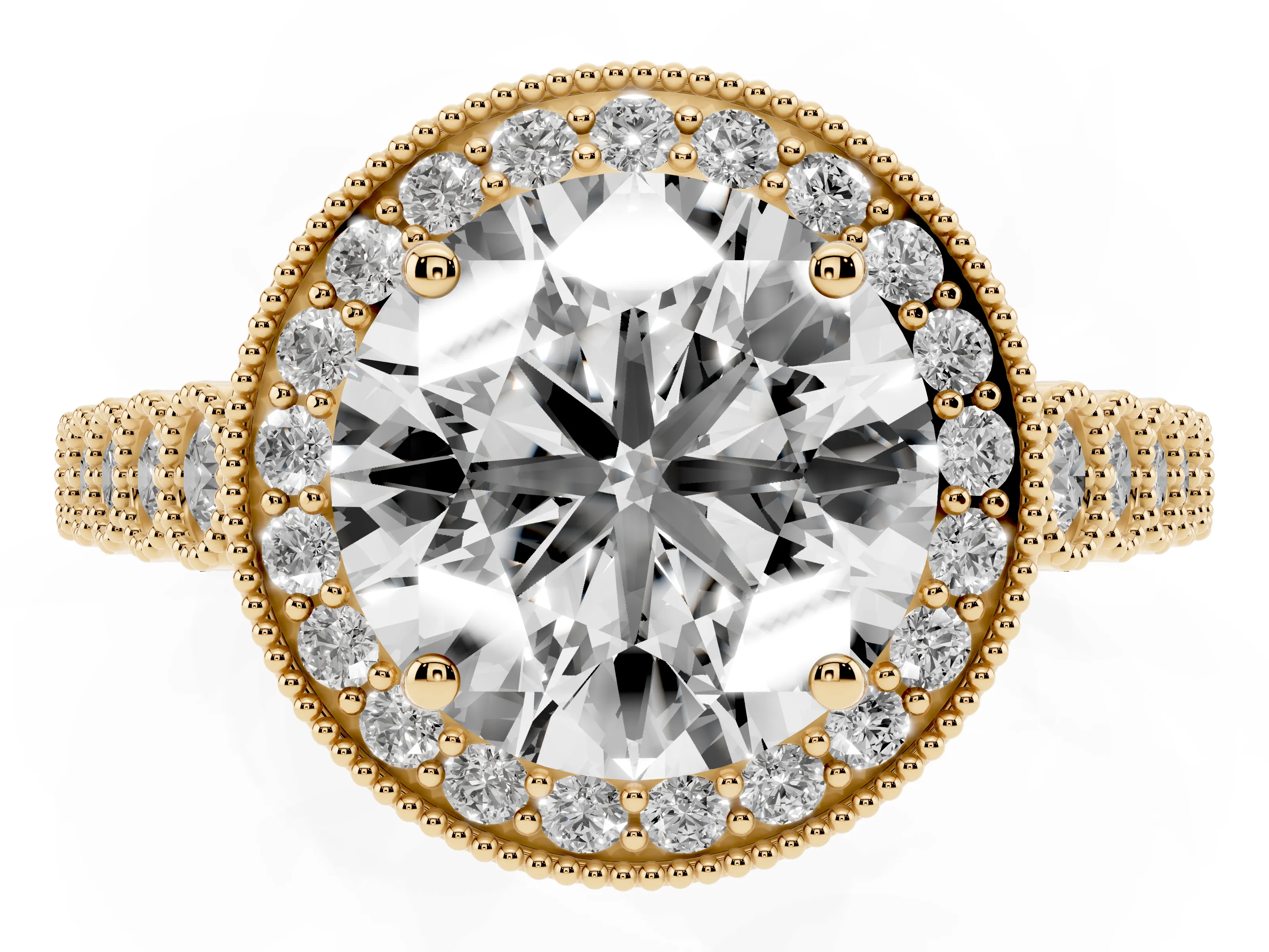 Round Cut Diamond Milgrain Halo Solitaire Ring Set in Yellow gold with Bezel Set Side Stones and Pavé Band