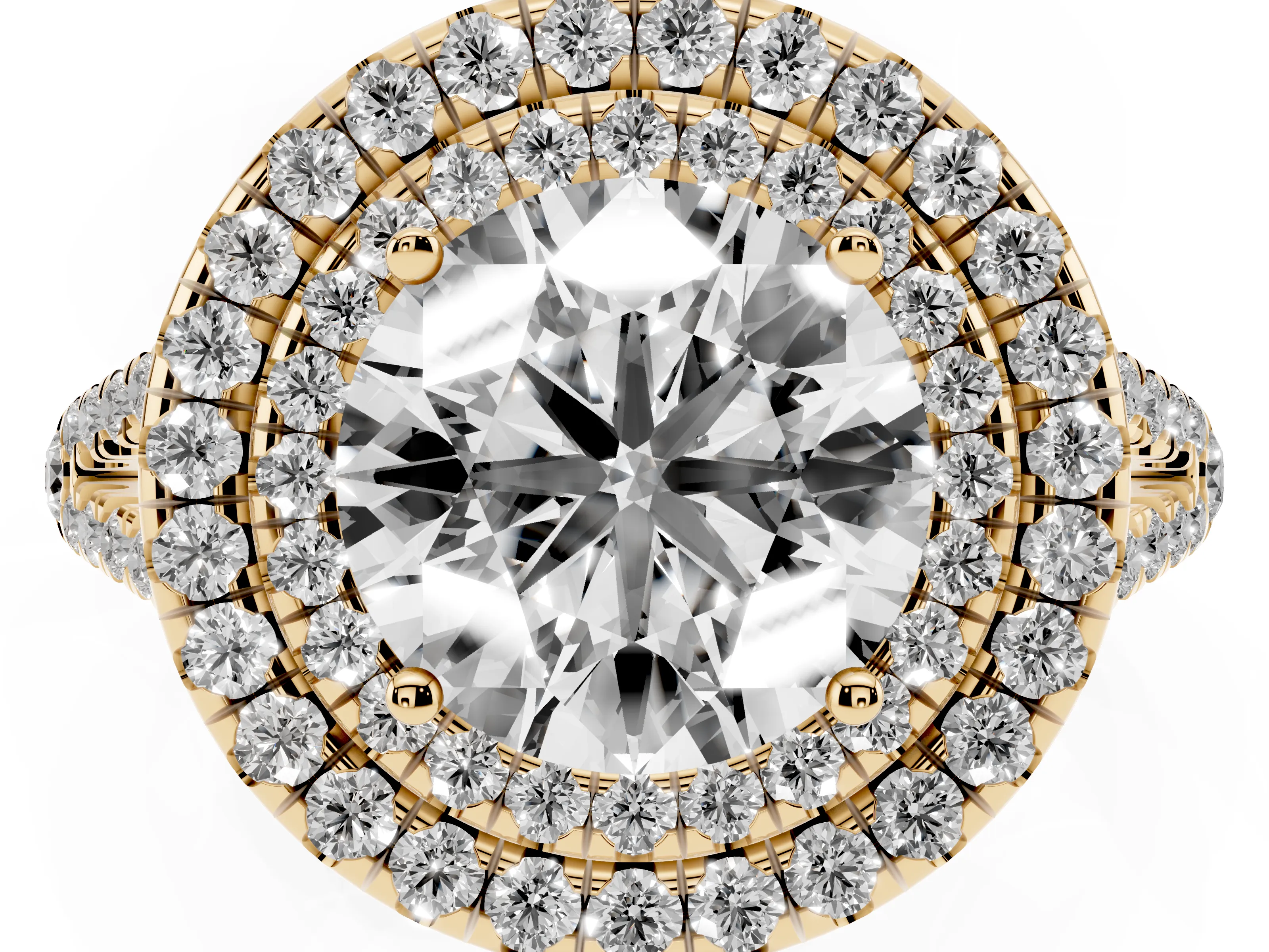 Round Cut Diamond Double Halo Ring Set in Yellow gold with Pavé Band
