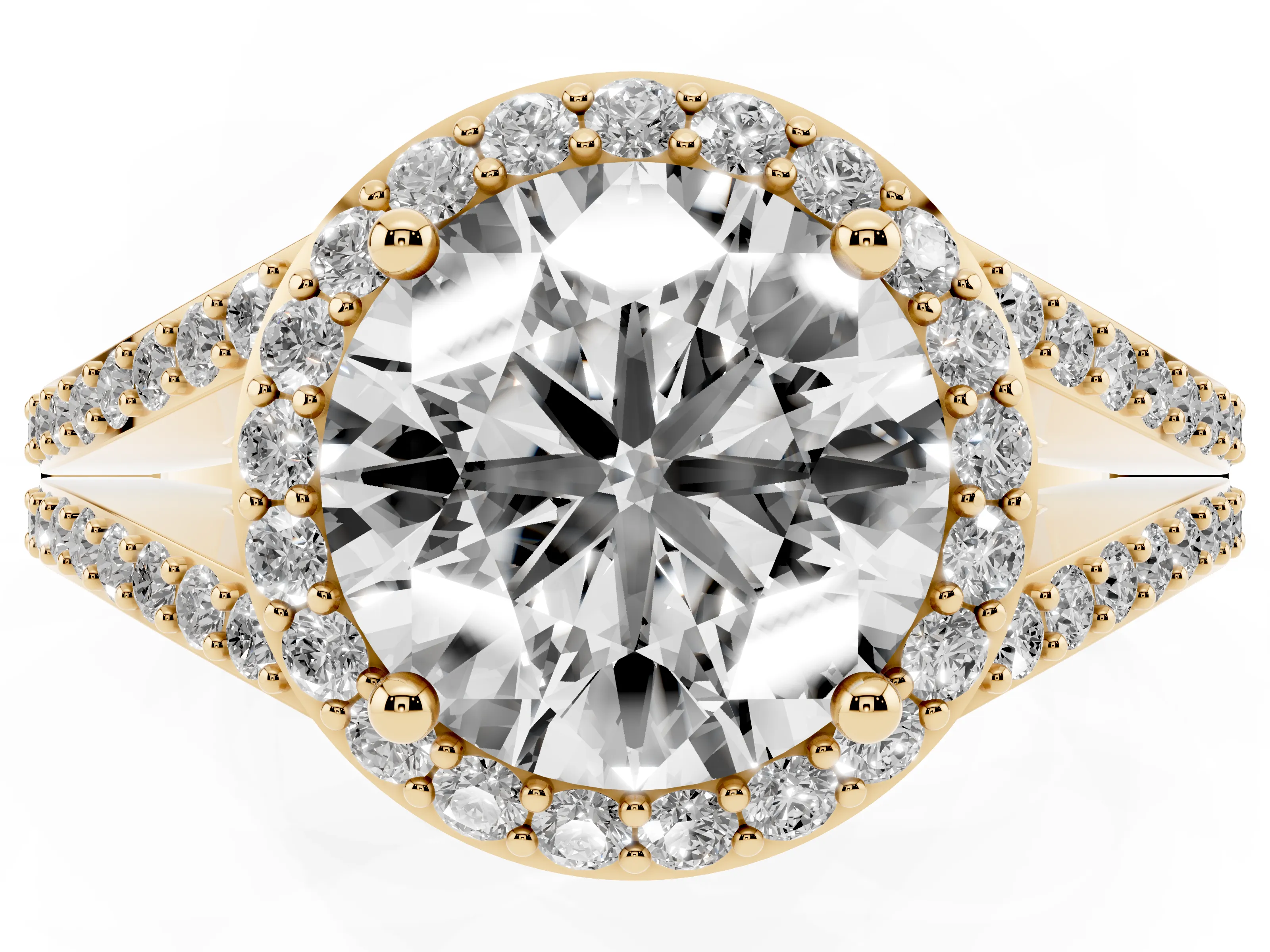 Round Cut Diamond Halo Split Shank Pavé Ring Set in Yellow gold with Prong Setting
