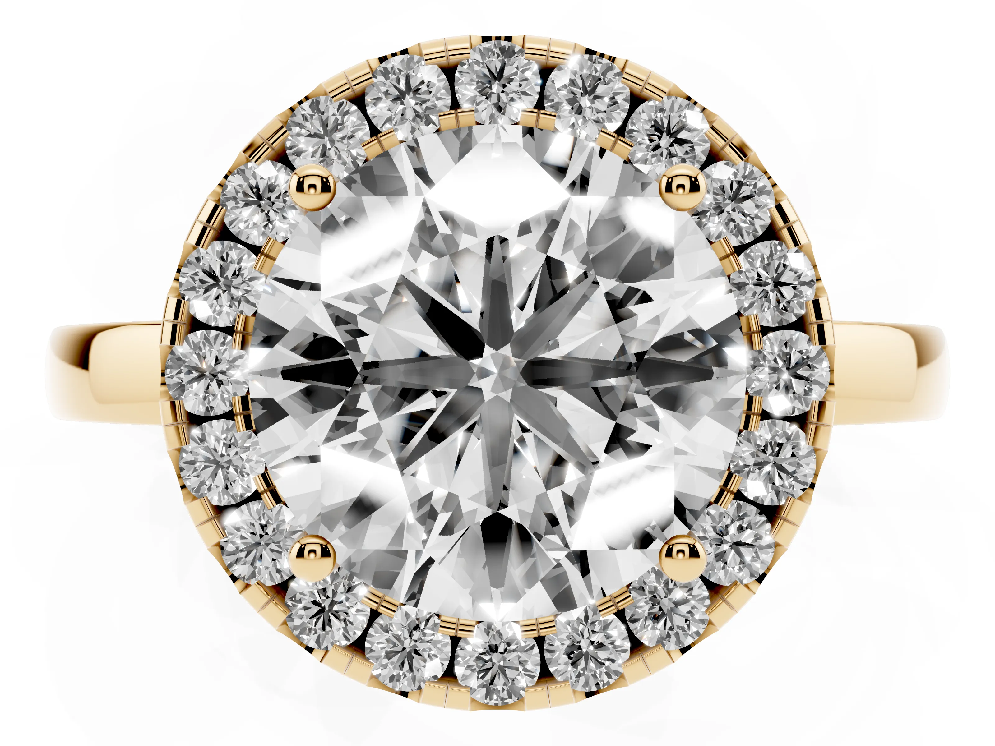 Round Cut Diamond Halo Solitaire Ring Set in Yellow gold with Pavé Band and Prong Setting