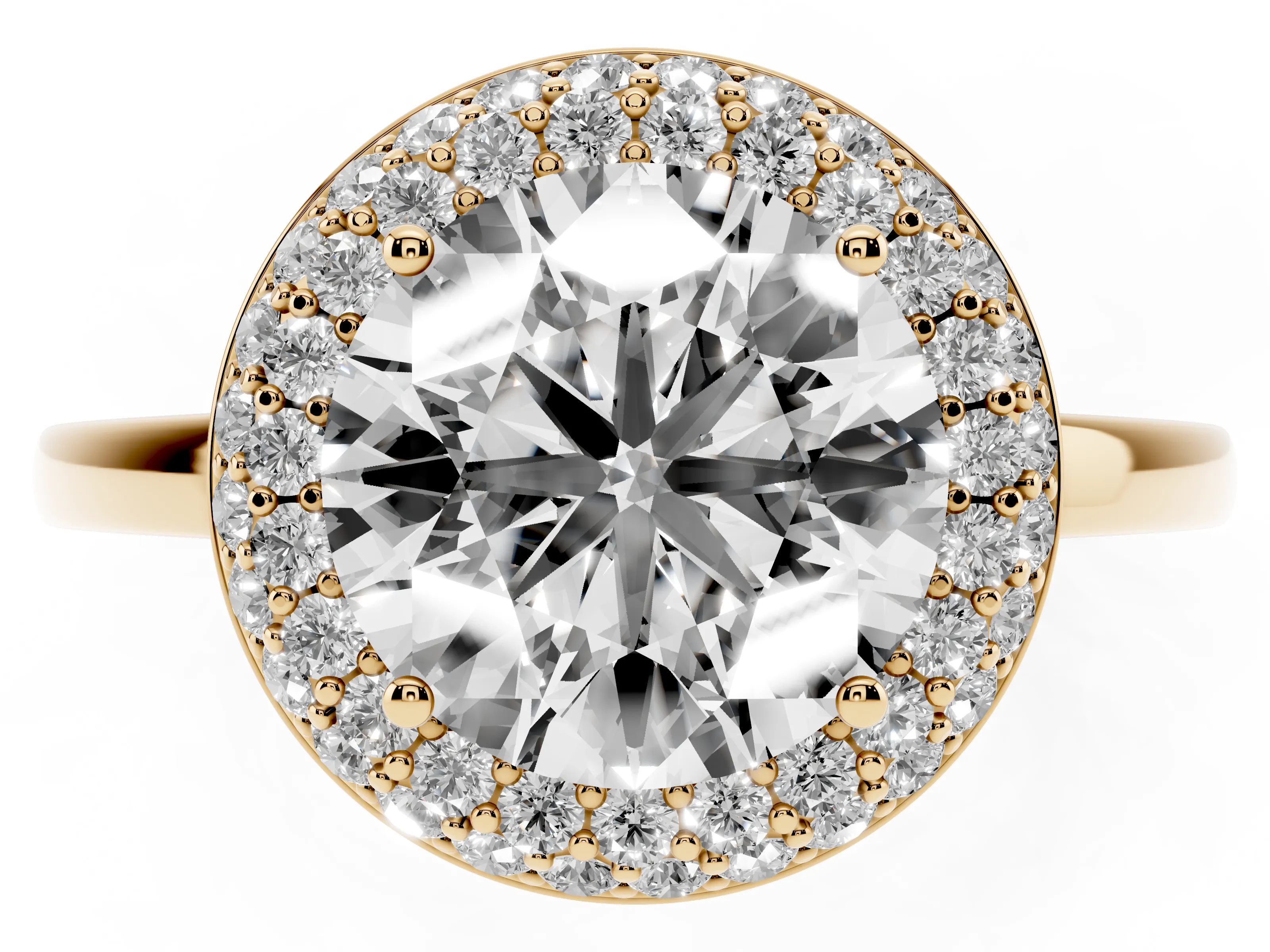 Round Cut Diamond Halo Engagement Ring Set in Yellow gold with Solitaire Band and Prong Setting